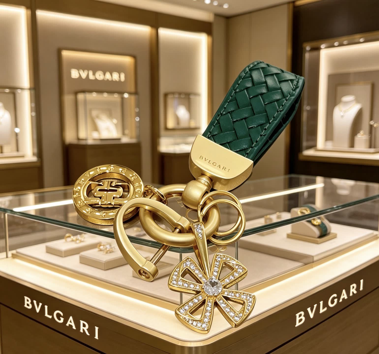 Bvlgari Green Leather Keychain with Gold Charms