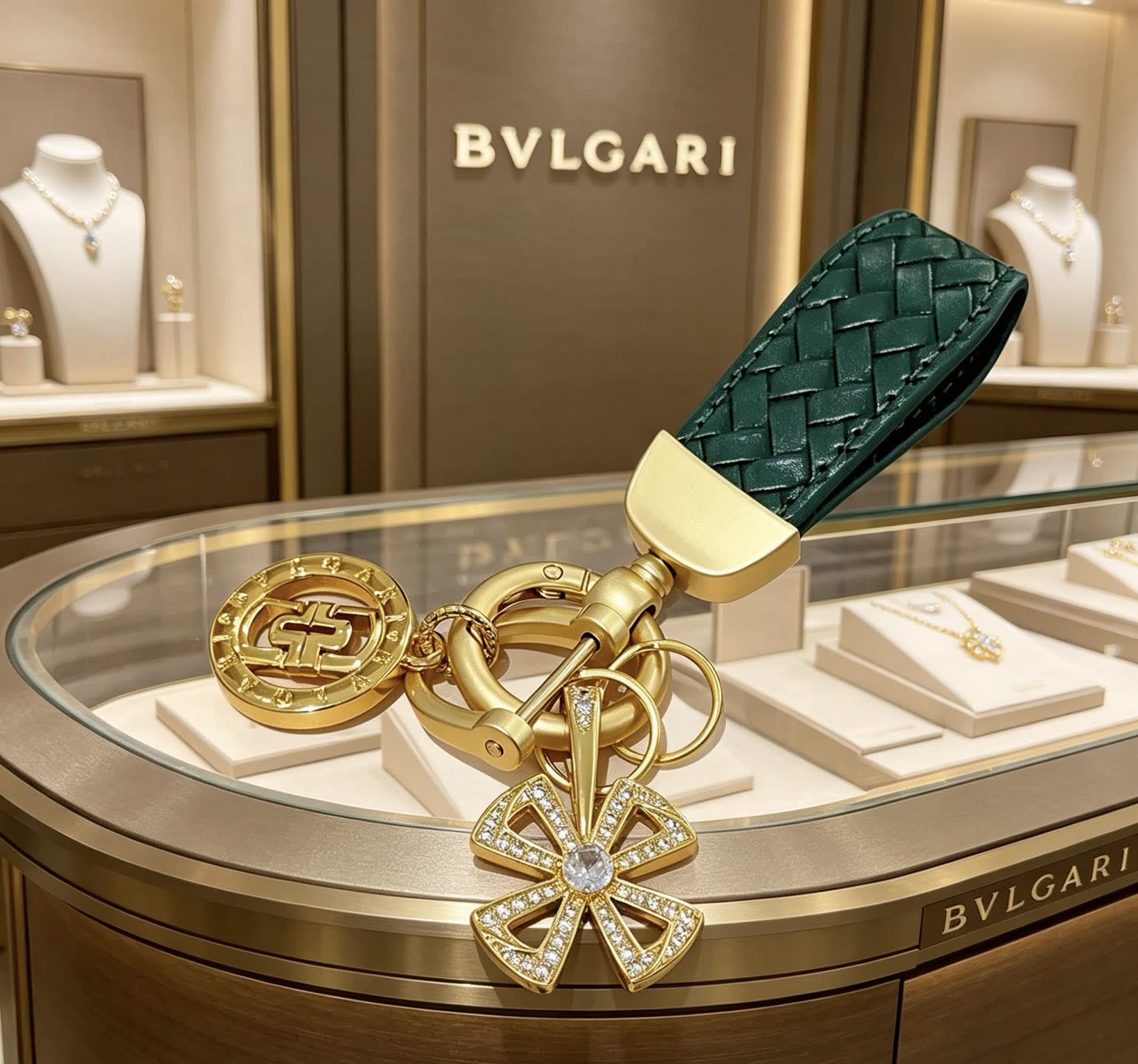 Bvlgari Green Leather Keychain with Gold Charms