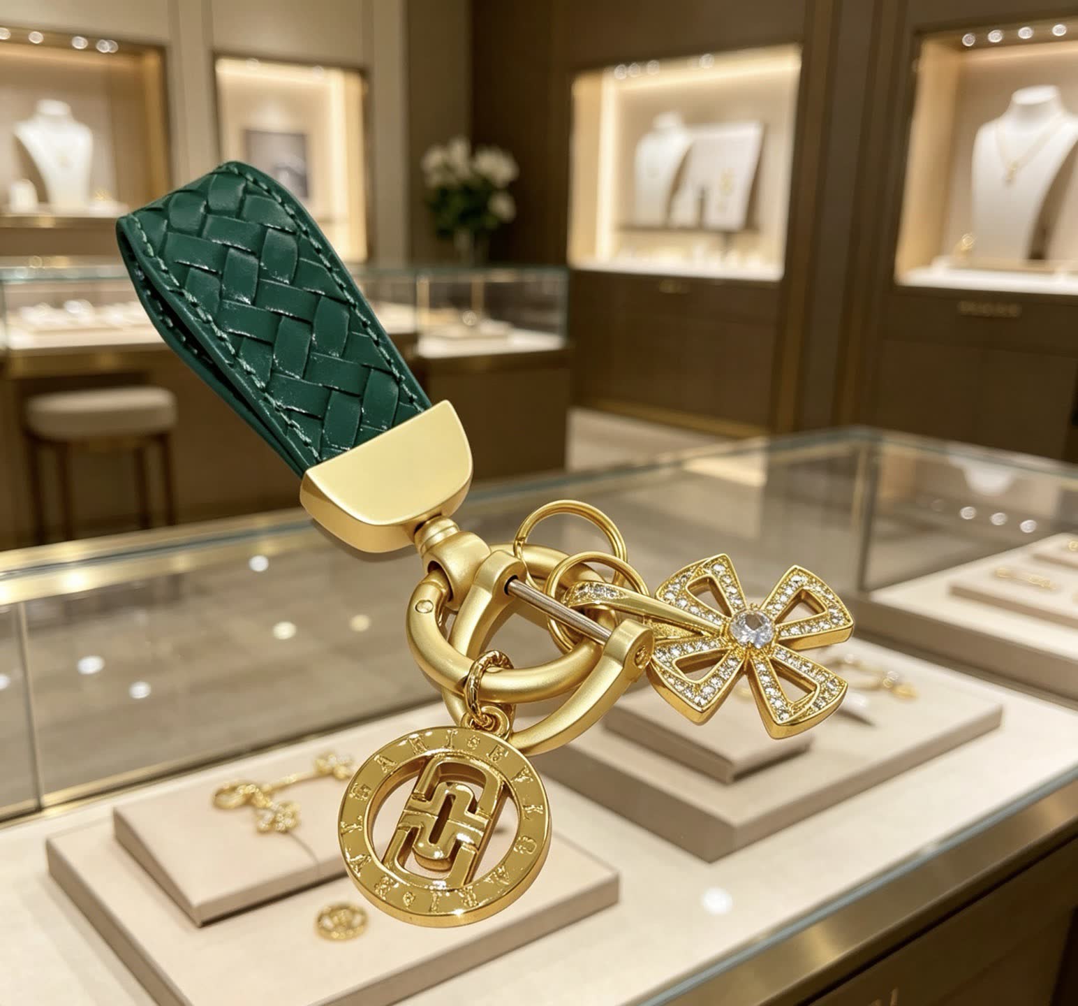Bvlgari Green Leather Keychain with Gold Charms