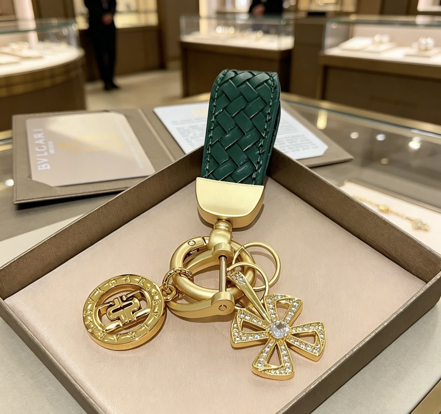 Bvlgari Green Leather Keychain with Gold Charms