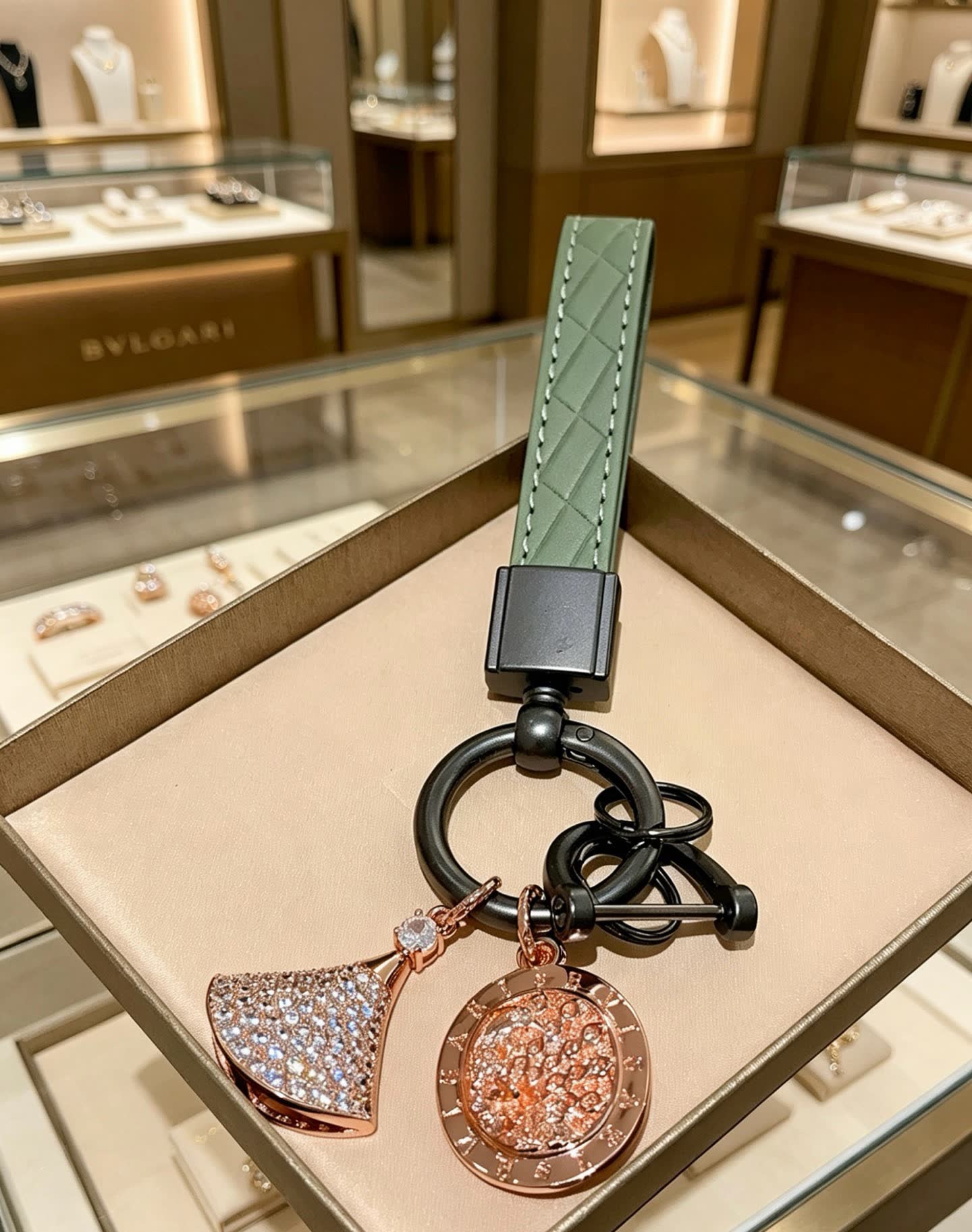 Bvlgari Green Leather Keychain with Crystal Charms