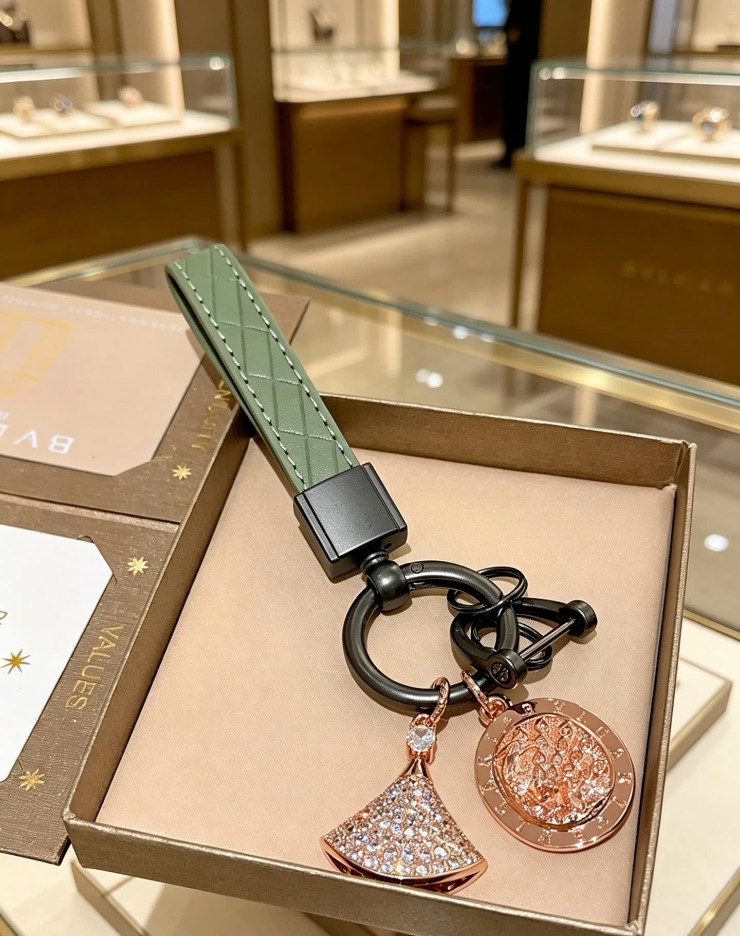 Bvlgari Green Leather Keychain with Crystal Charms