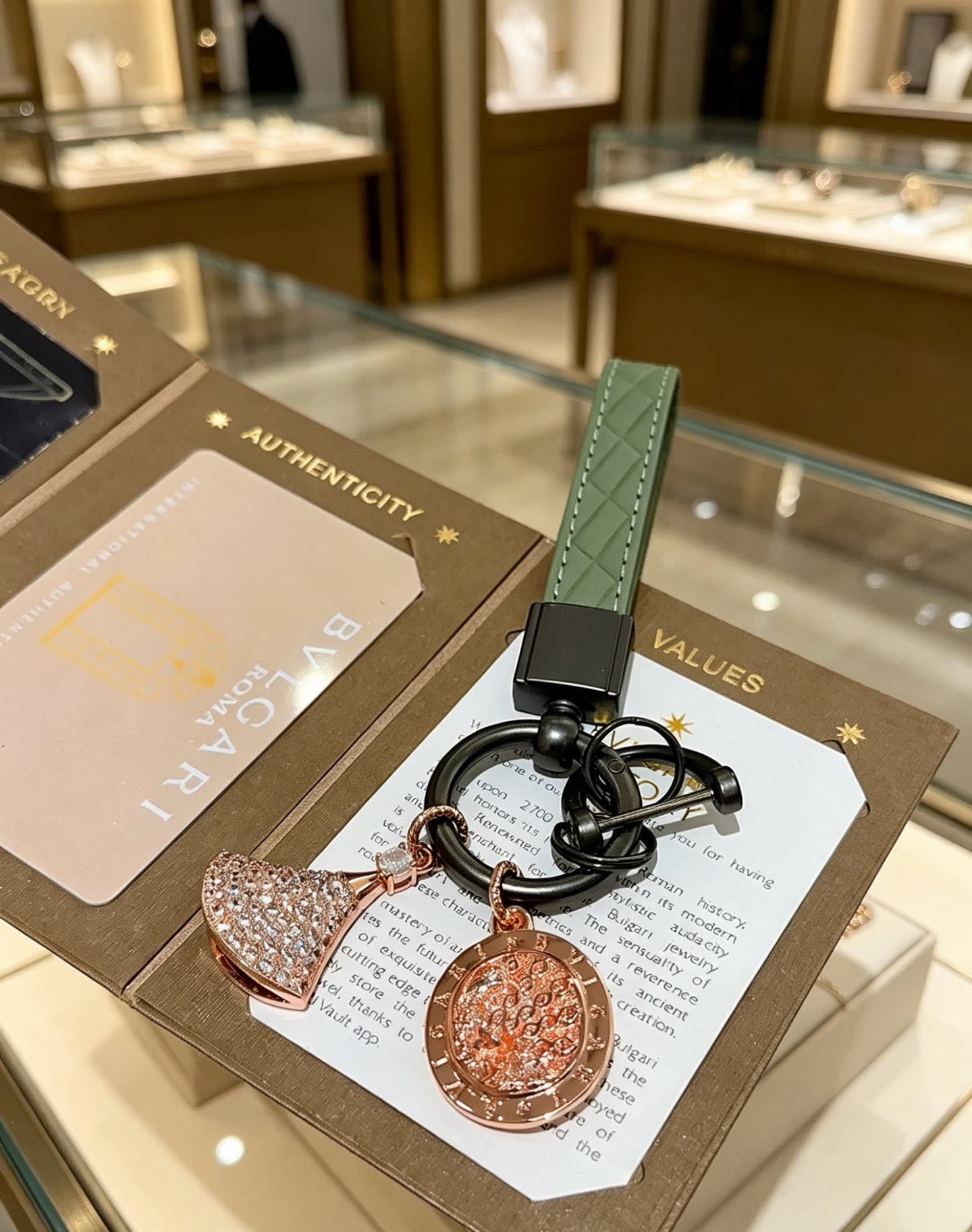 Bvlgari Green Leather Keychain with Crystal Charms