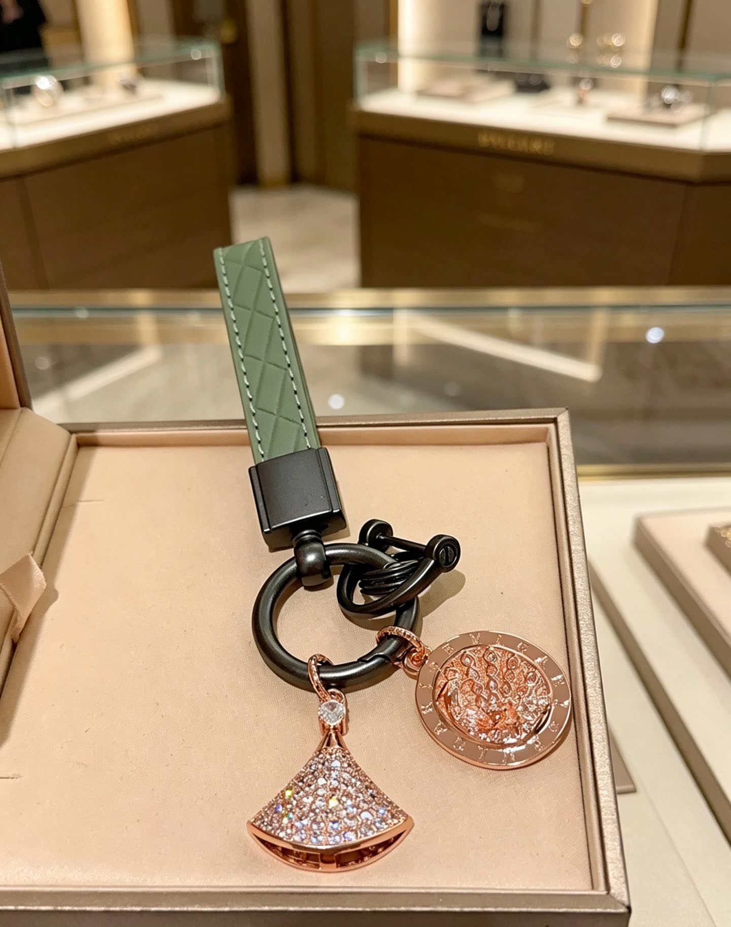 Bvlgari Green Leather Keychain with Crystal Charms