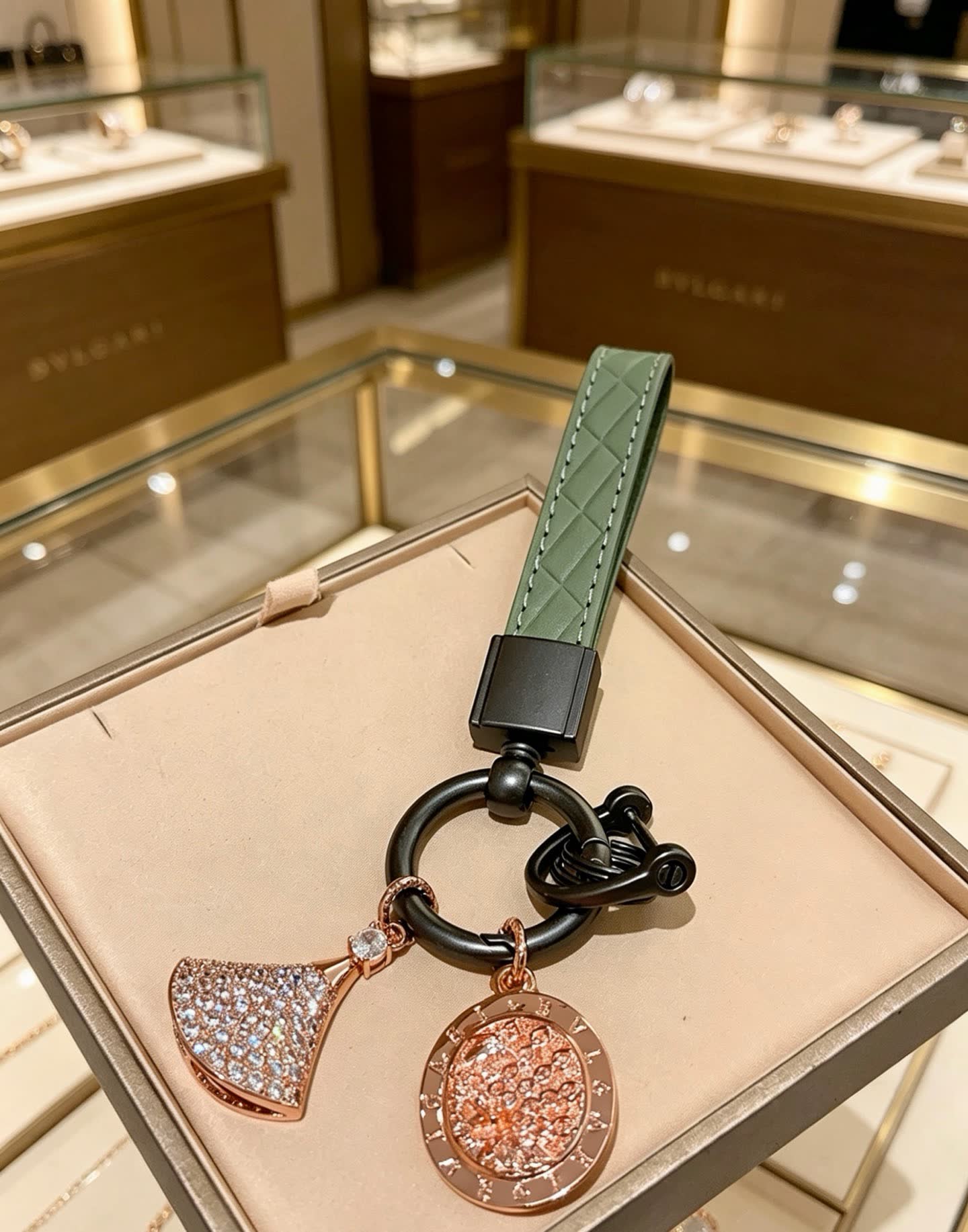 Bvlgari Green Leather Keychain with Crystal Charms