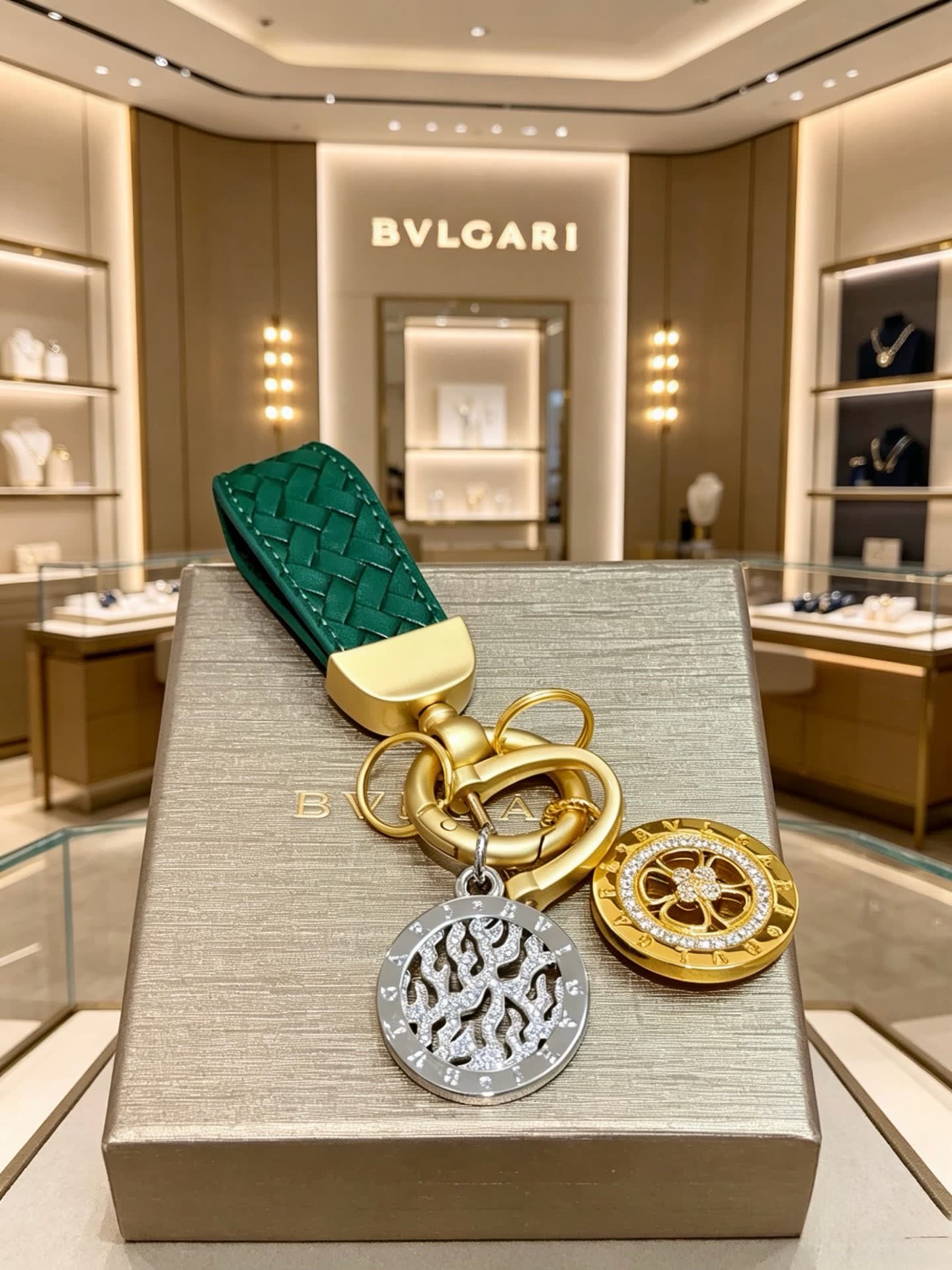 Bvlgari Keychain with Interlocking B Logo and Medusa Head Charms