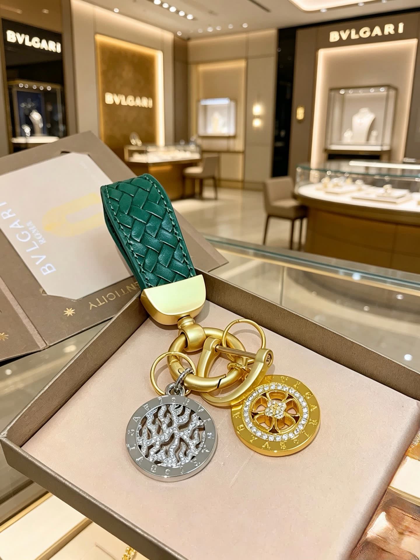 Bvlgari Keychain with Interlocking B Logo and Medusa Head Charms