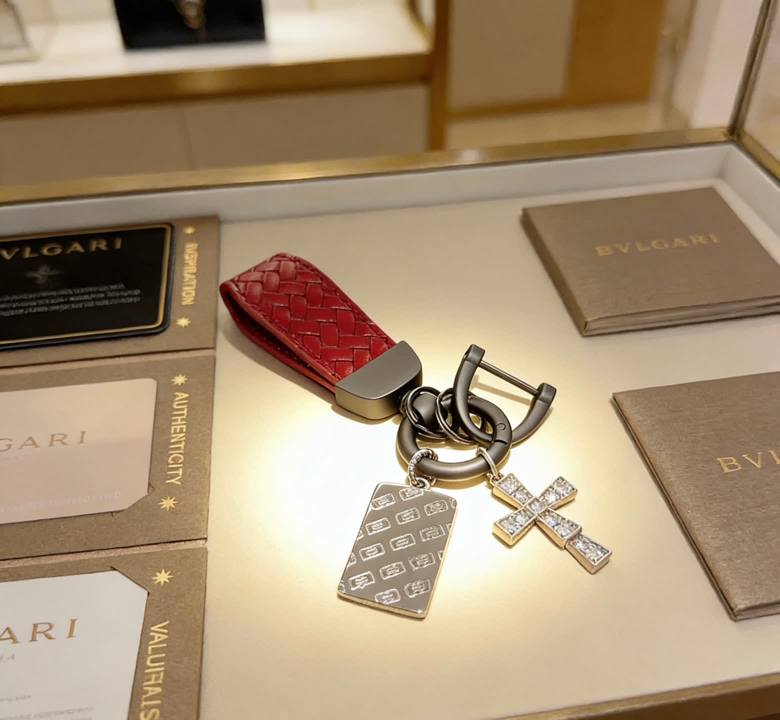 Bvlgari Red Leather Keychain with Cross Charm