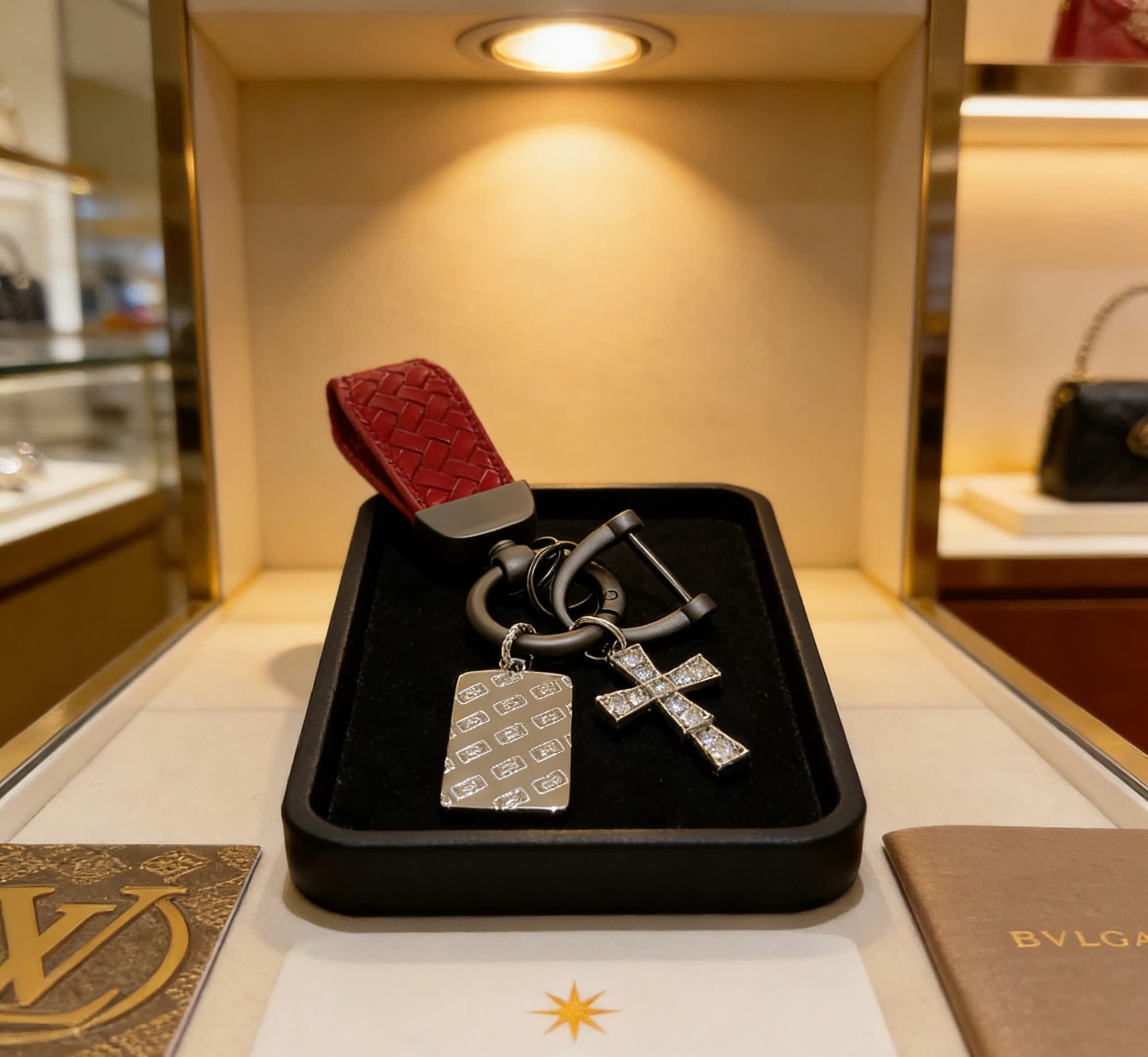 Bvlgari Red Leather Keychain with Cross Charm