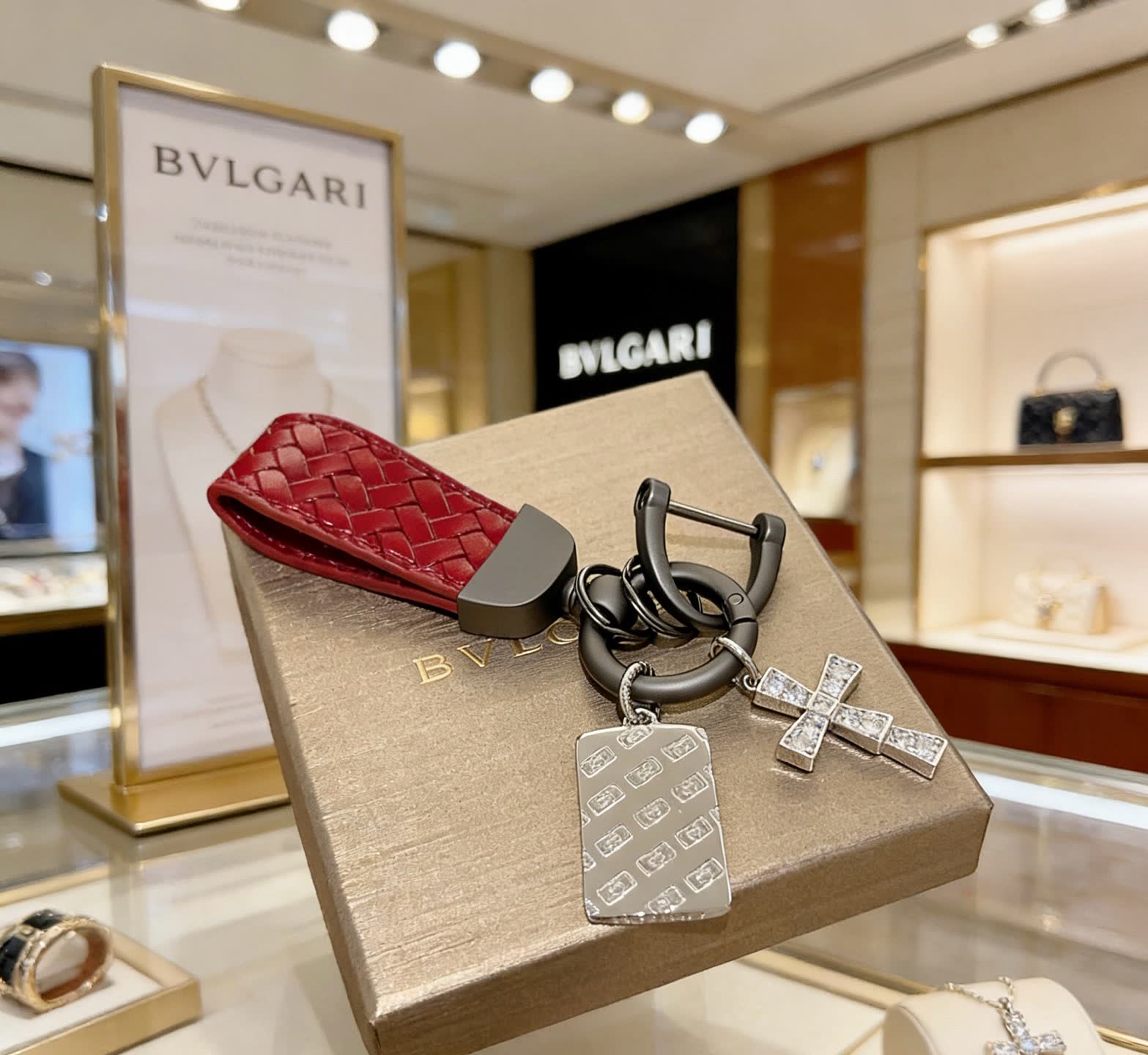 Bvlgari Red Leather Keychain with Cross Charm