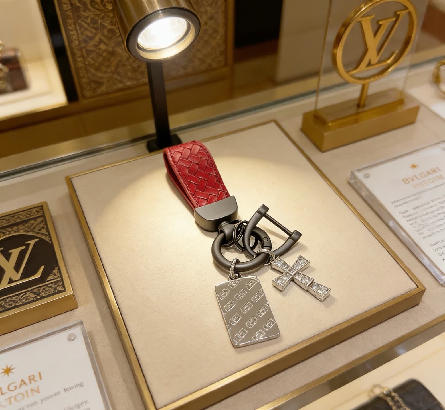 Bvlgari Red Leather Keychain with Cross Charm