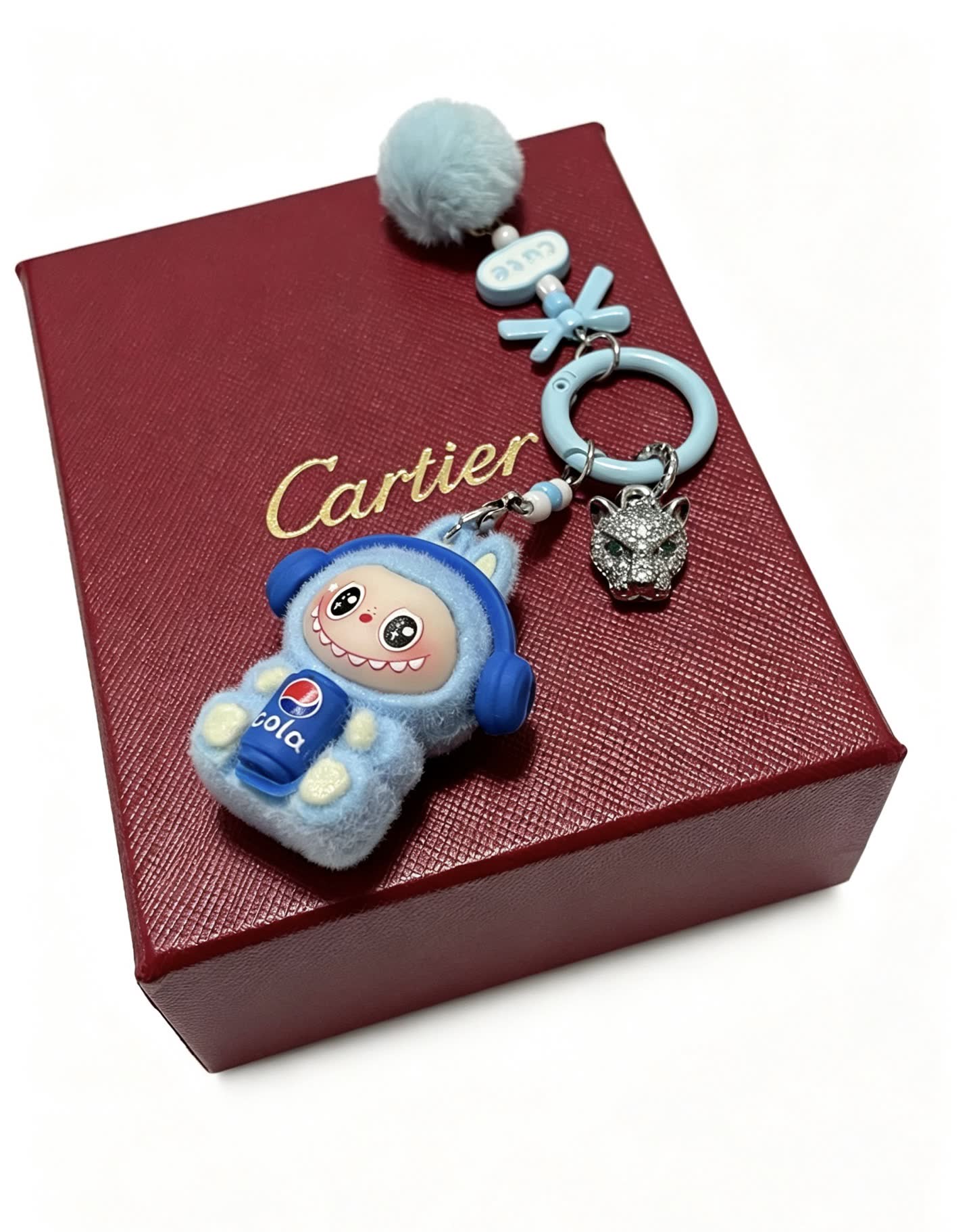 Cartier Keychain with Blue Fur and Diamond Panther Charm