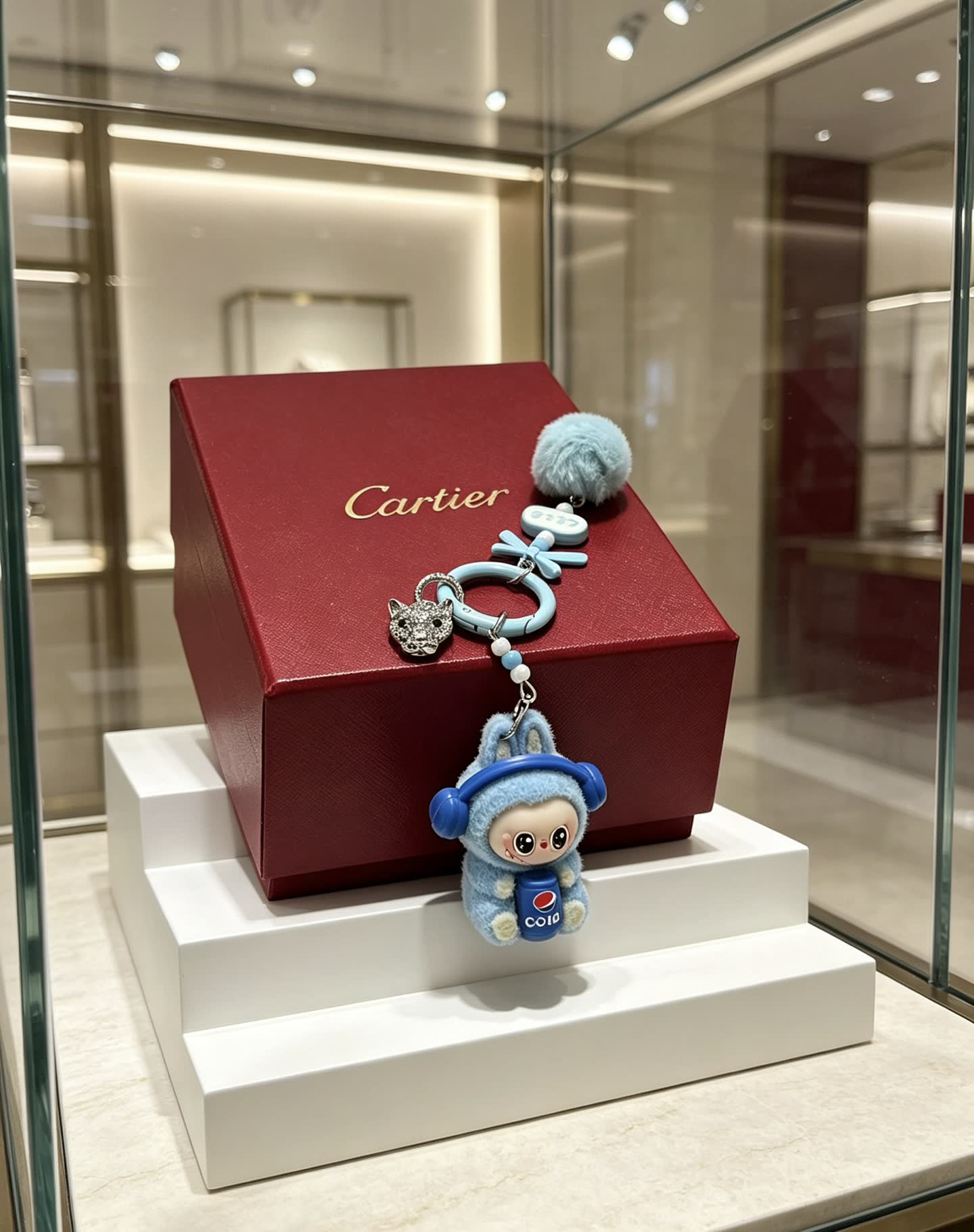 Cartier Keychain with Blue Fur and Diamond Panther Charm