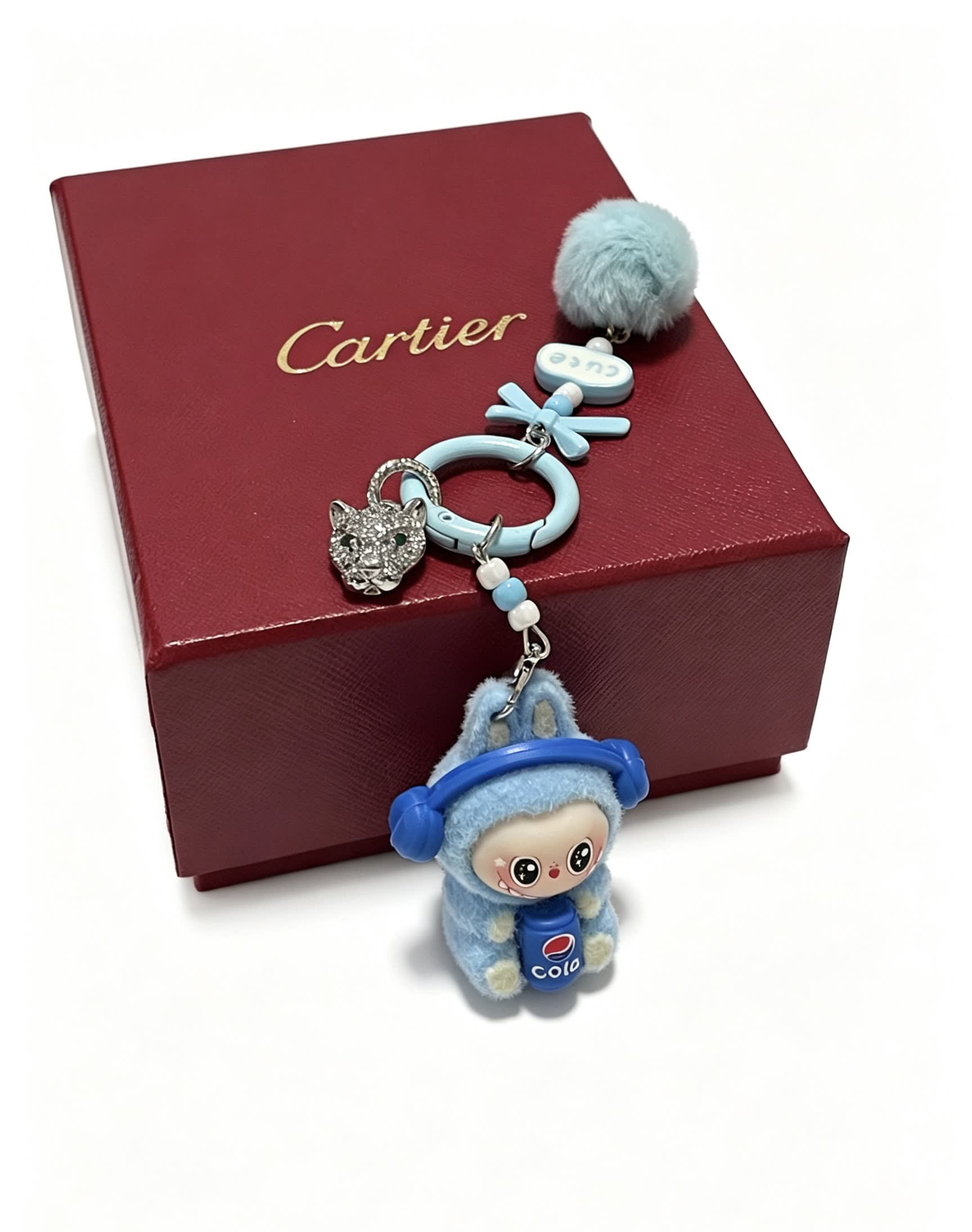 Cartier Keychain with Blue Fur and Diamond Panther Charm