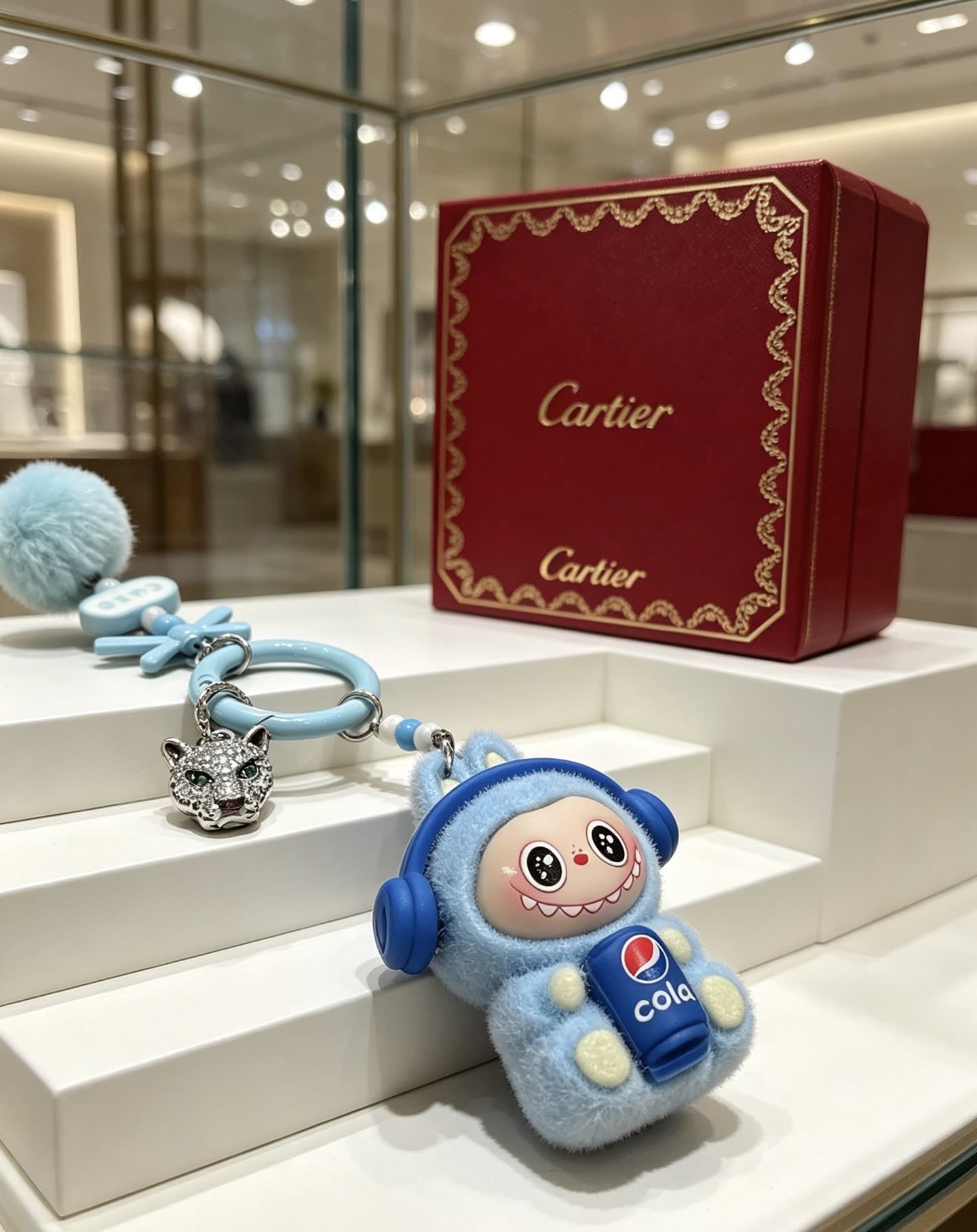 Cartier Keychain with Blue Fur and Diamond Panther Charm