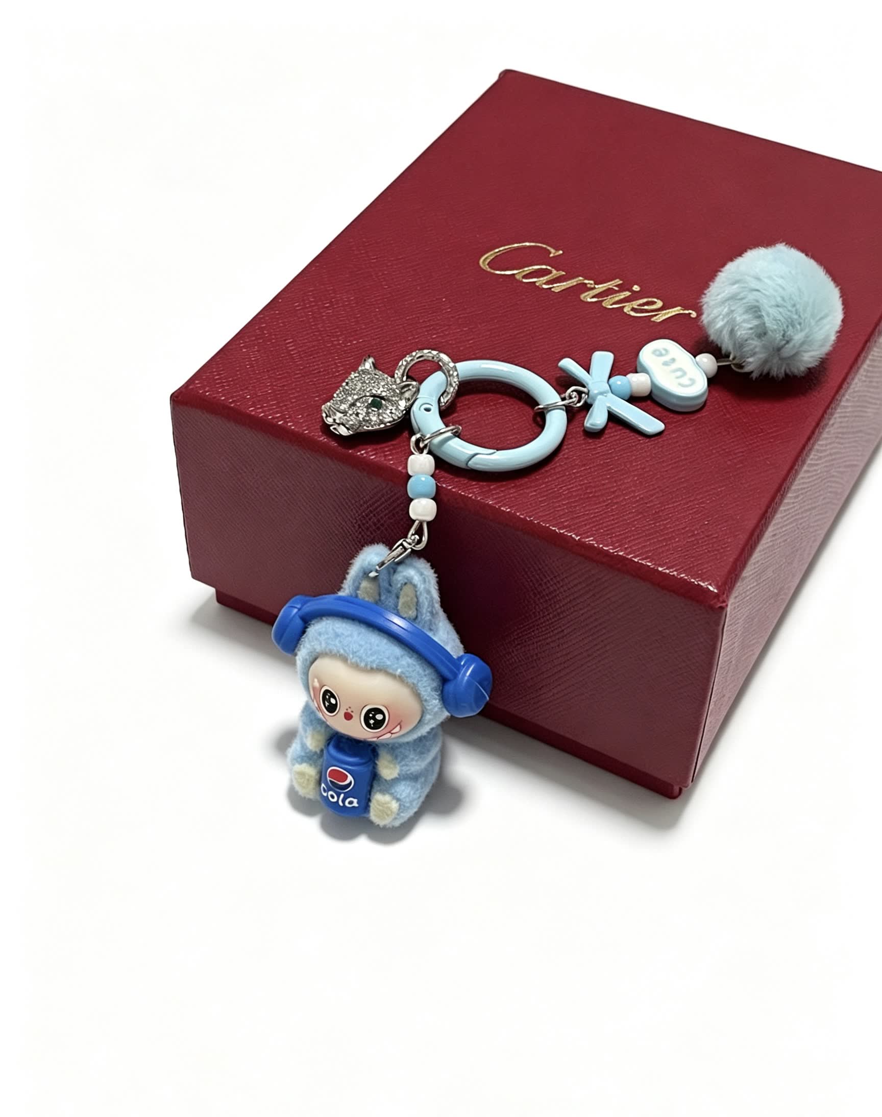 Cartier Keychain with Blue Fur and Diamond Panther Charm