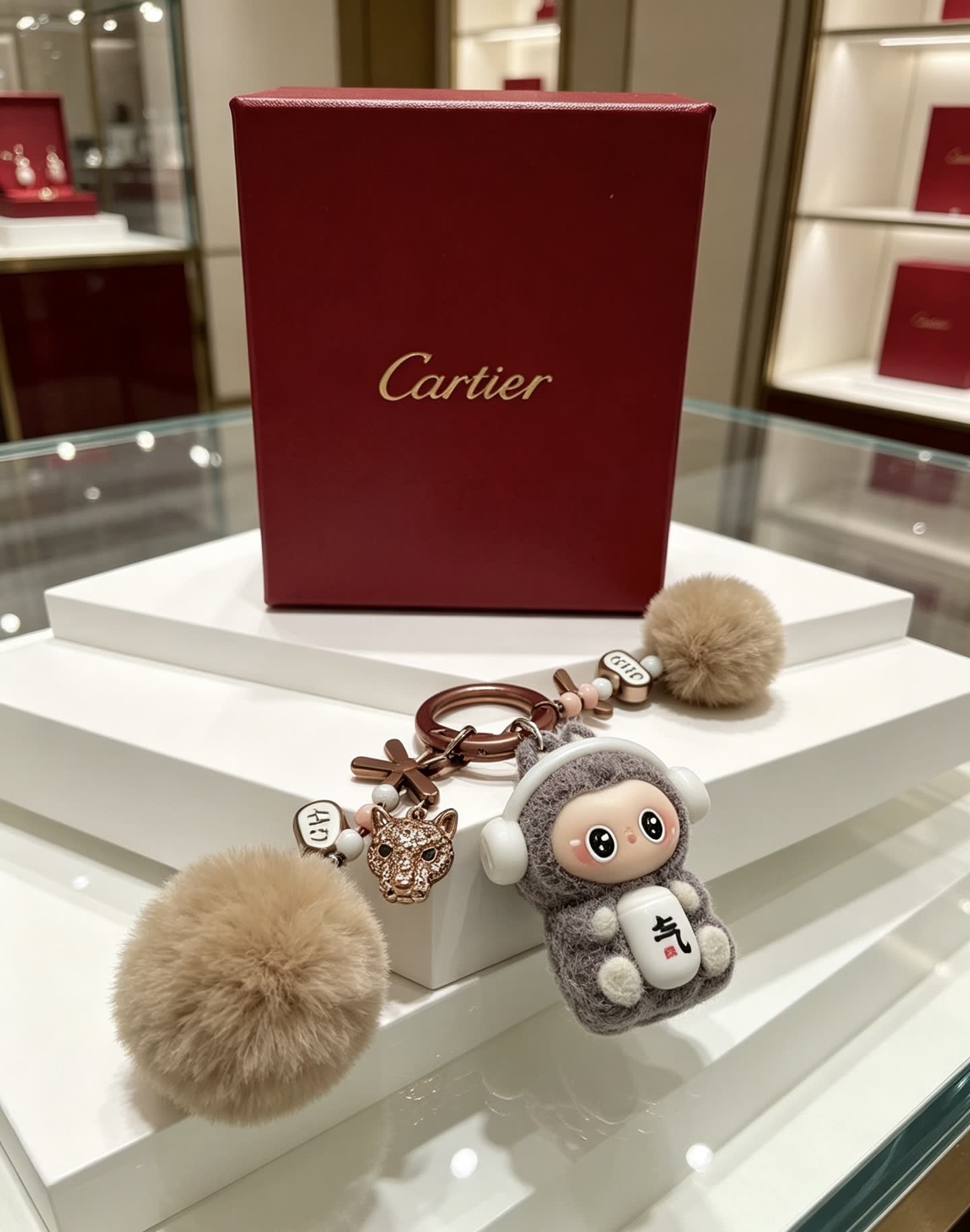 Cartier Keychain with Pom-Poms and Lucky Cat Charm