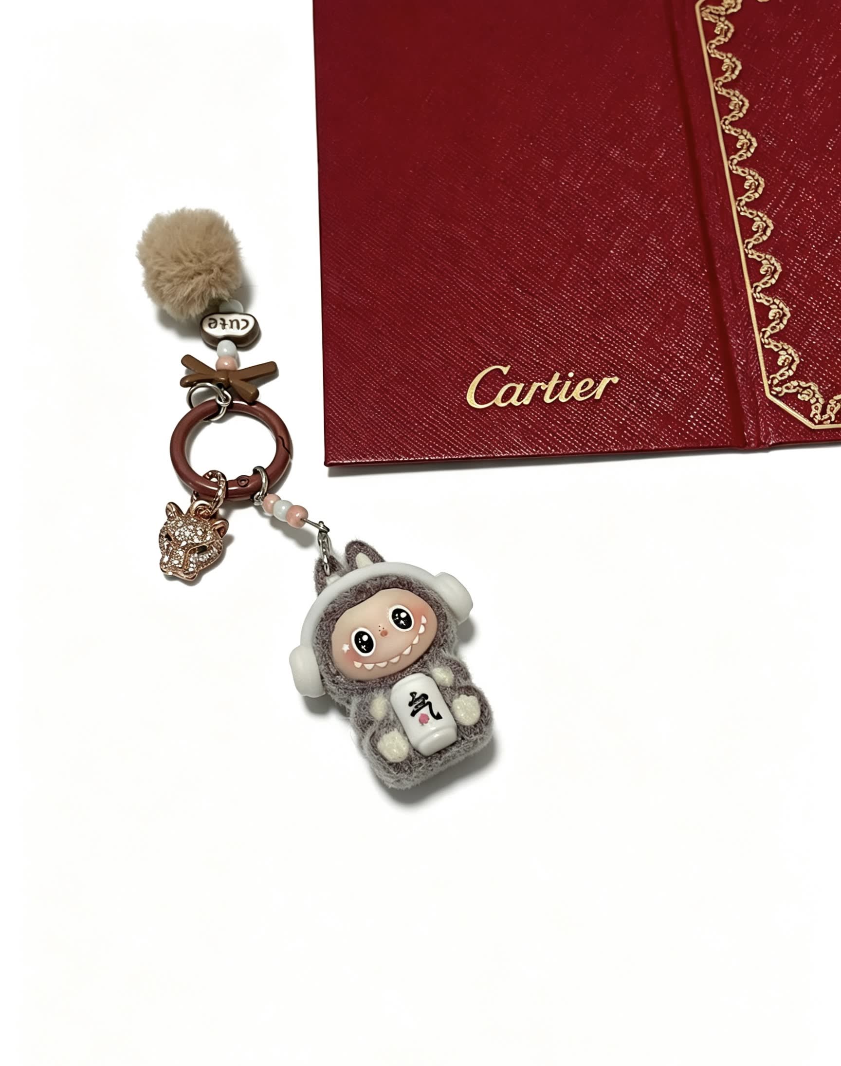 Cartier Keychain with Pom-Poms and Lucky Cat Charm