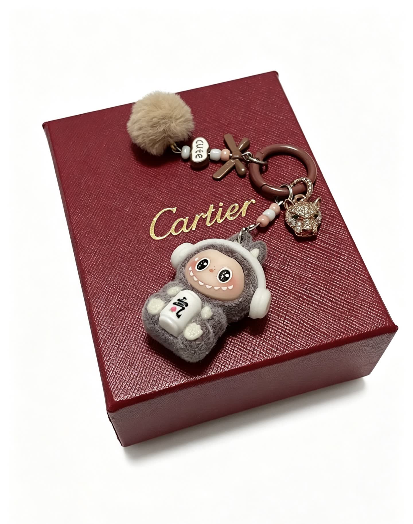 Cartier Keychain with Pom-Poms and Lucky Cat Charm