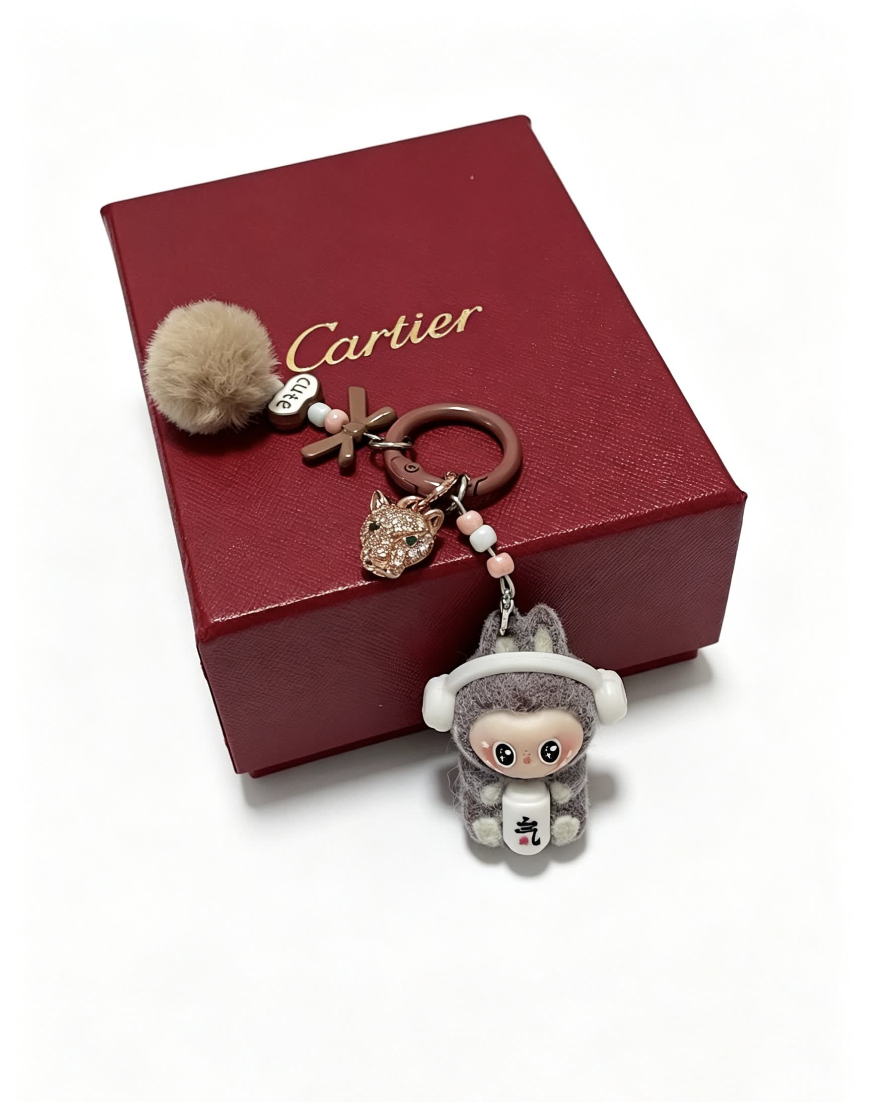 Cartier Keychain with Pom-Poms and Lucky Cat Charm
