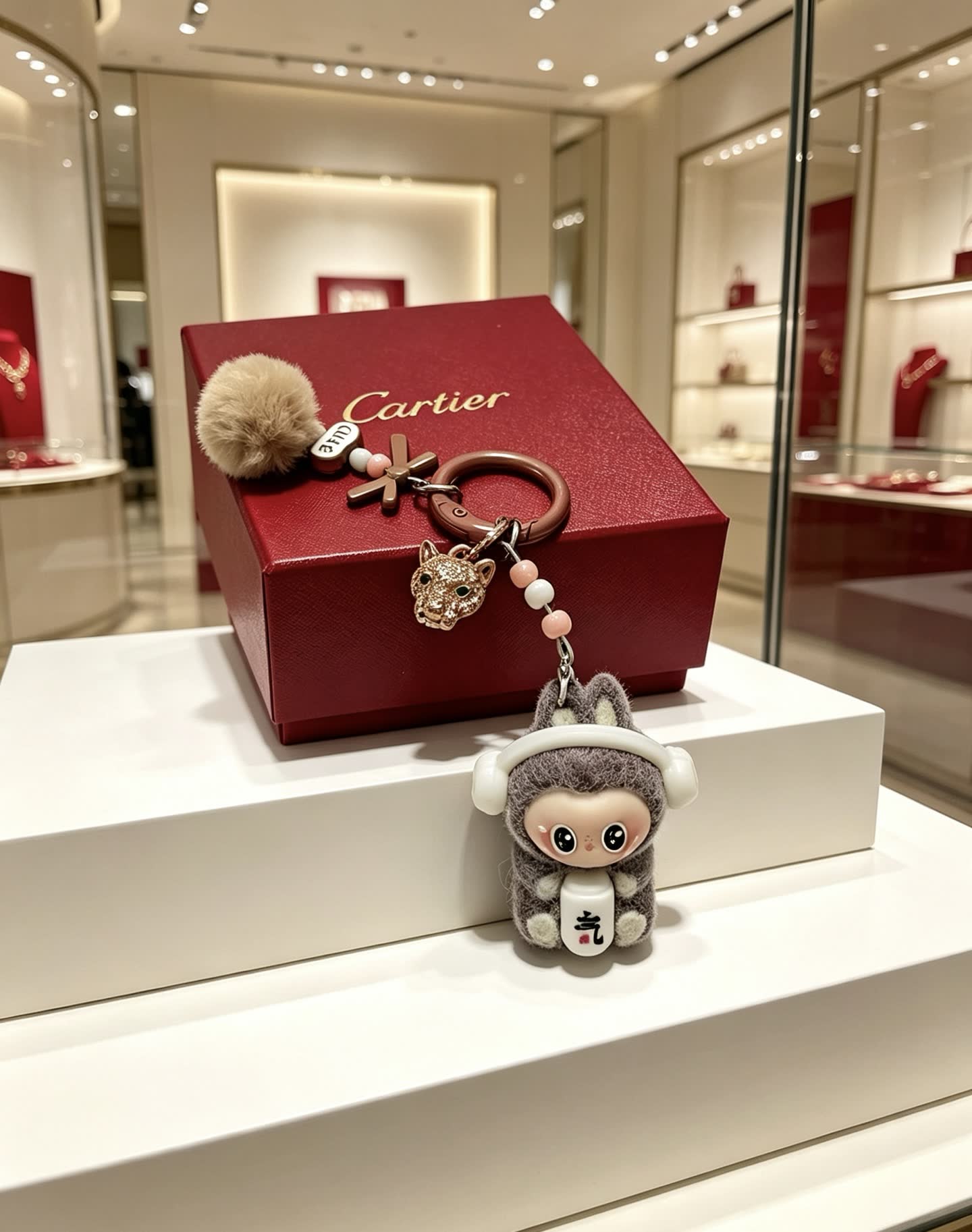 Cartier Keychain with Pom-Poms and Lucky Cat Charm