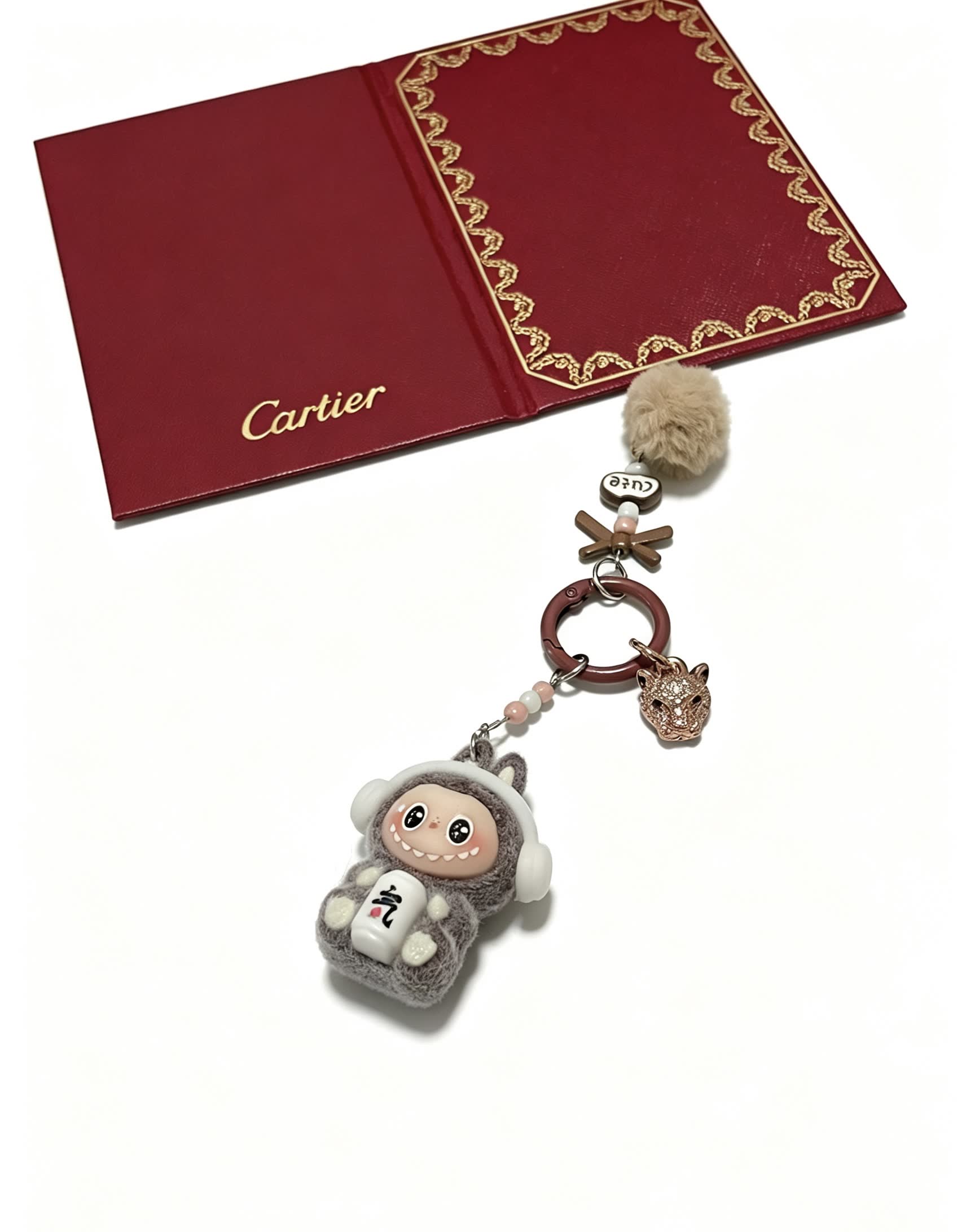 Cartier Keychain with Pom-Poms and Lucky Cat Charm