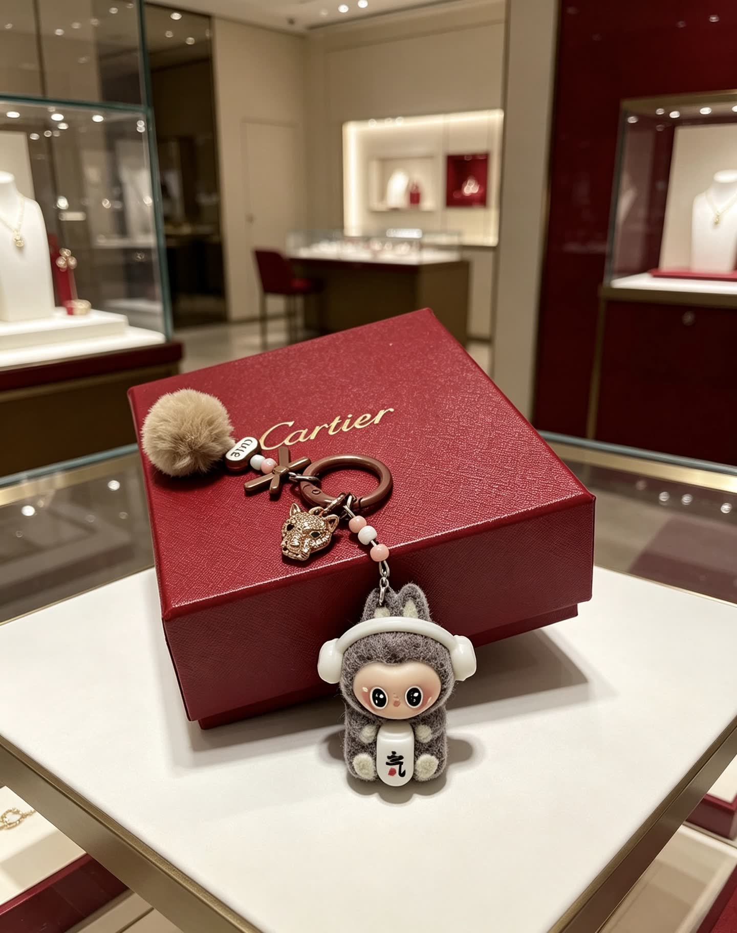 Cartier Keychain with Pom-Poms and Lucky Cat Charm