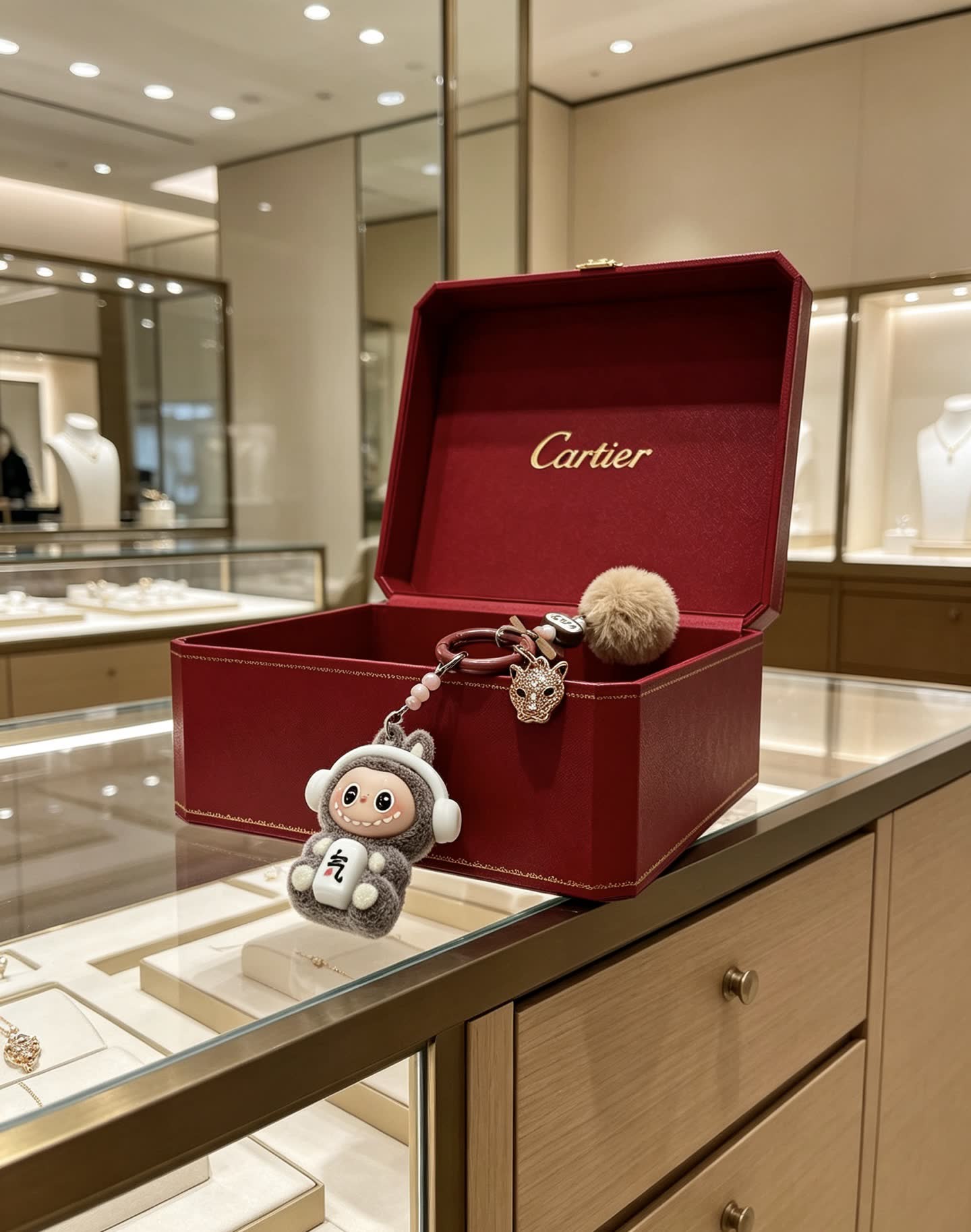 Cartier Keychain with Pom-Poms and Lucky Cat Charm