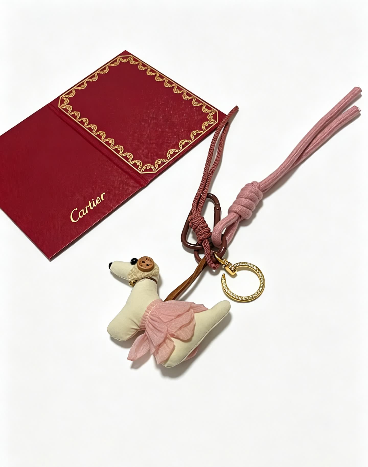Cartier Pink Dog Charm with Rosary Keychain
