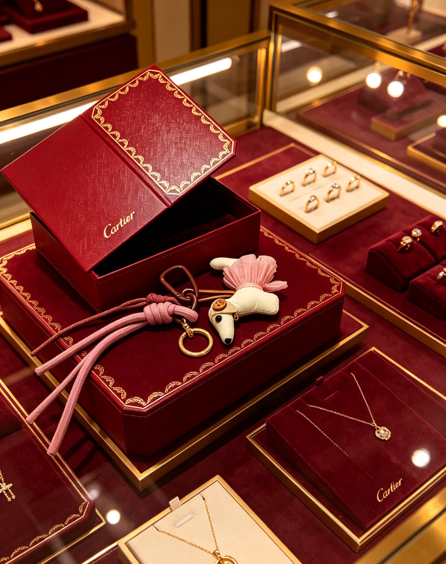Cartier Pink Dog Charm with Rosary Keychain