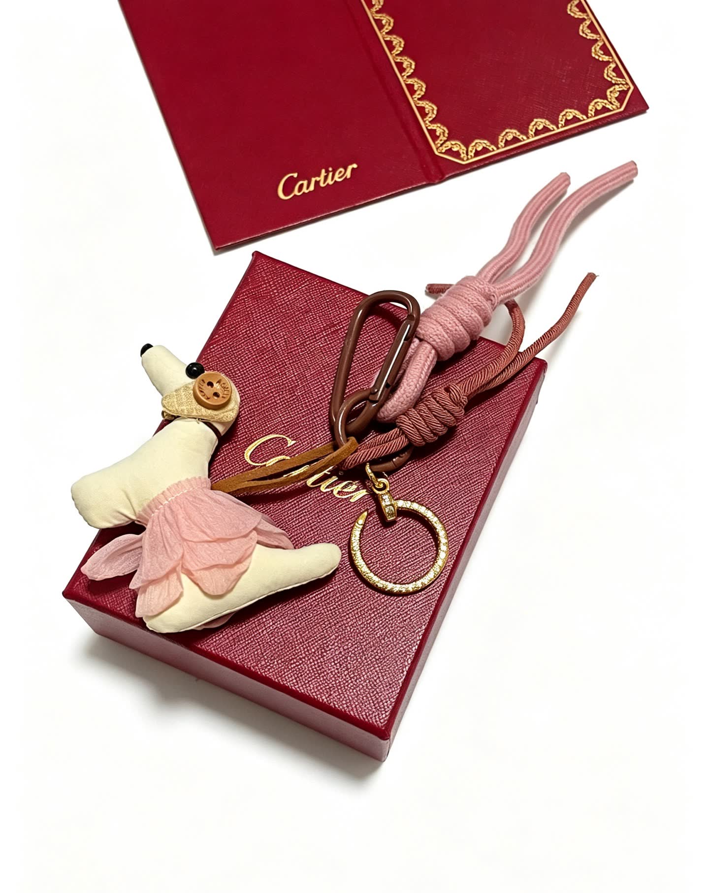Cartier Pink Dog Charm with Rosary Keychain