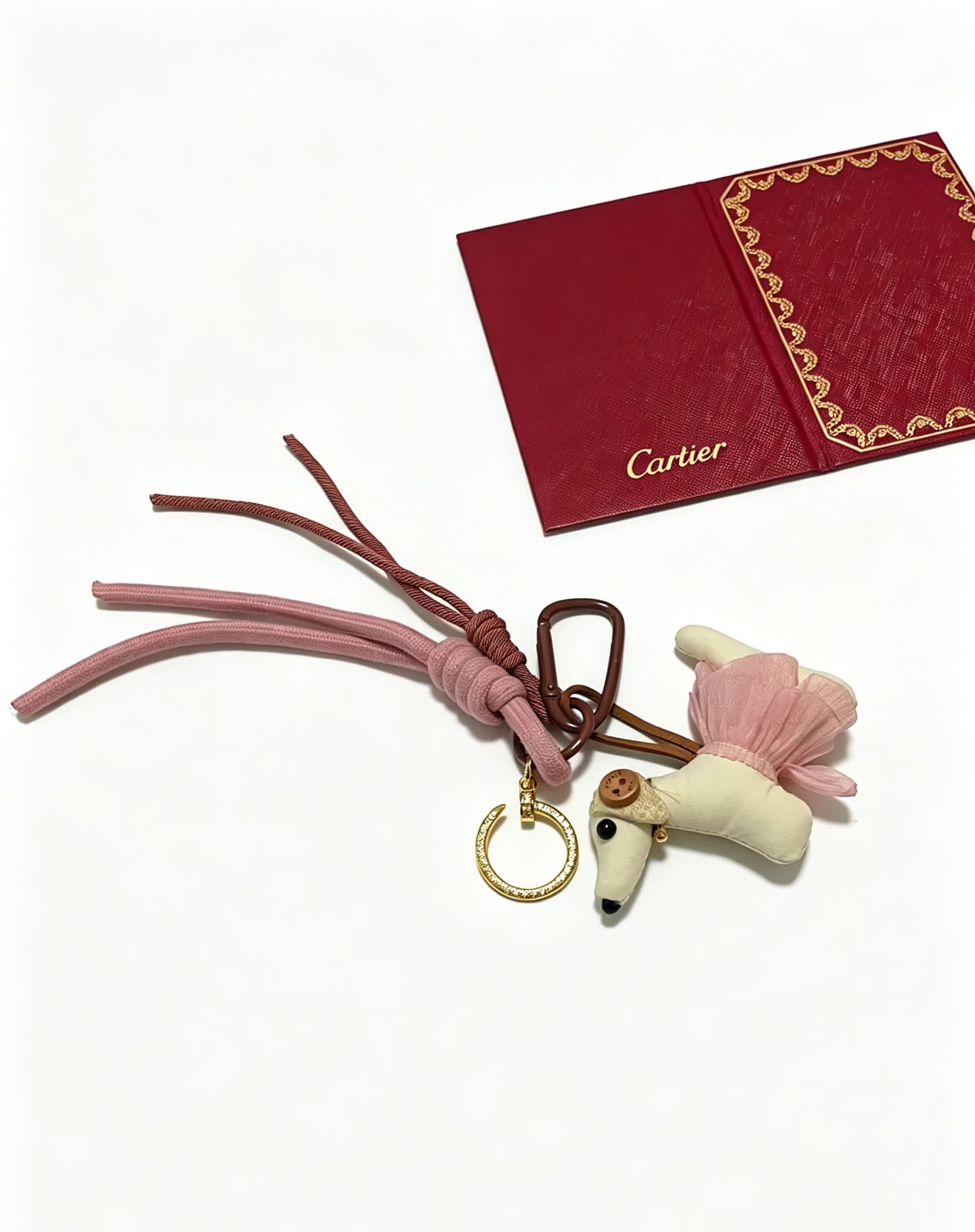 Cartier Pink Dog Charm with Rosary Keychain