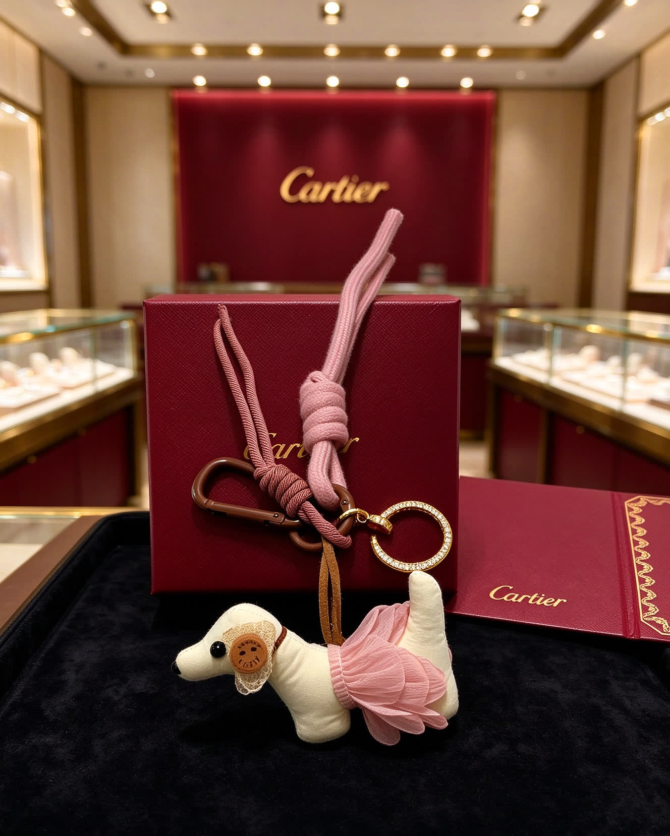 Cartier Pink Dog Charm with Rosary Keychain