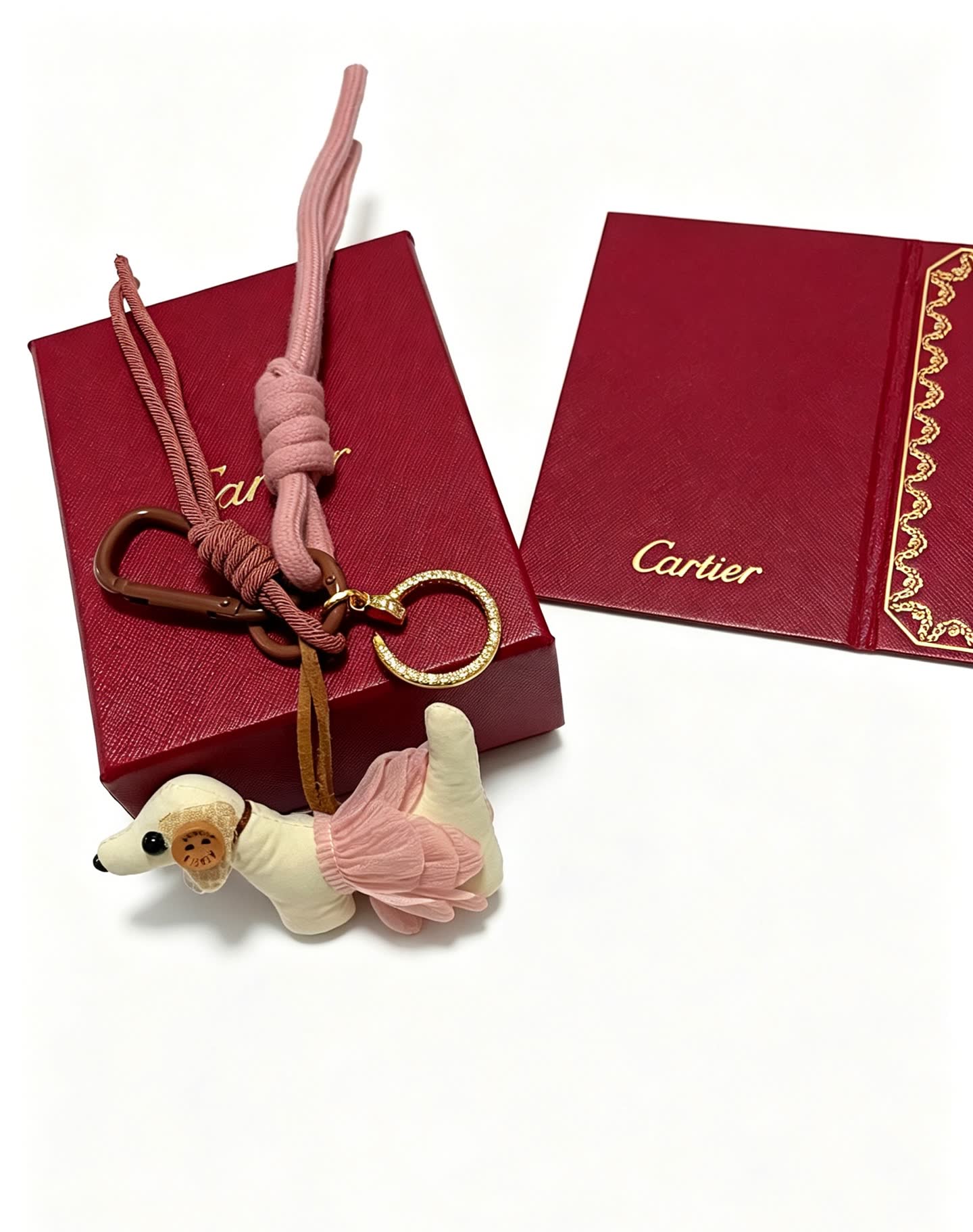 Cartier Pink Dog Charm with Rosary Keychain