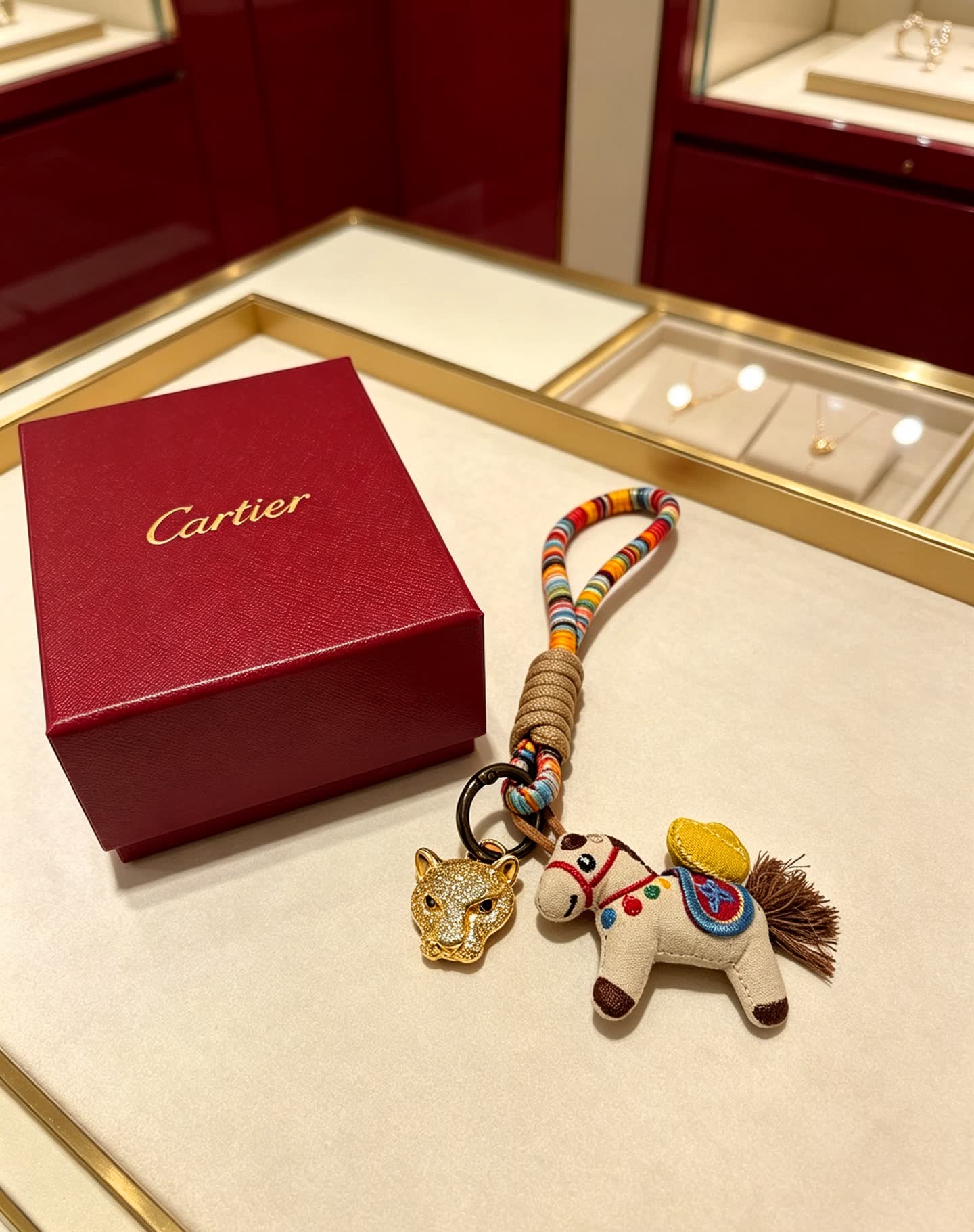 Cartier Multicolored Beaded Keychain with Horse and Panther Charm