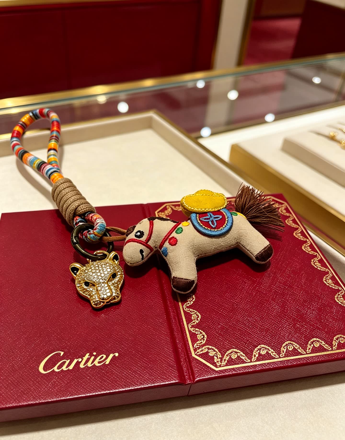 Cartier Multicolored Beaded Keychain with Horse and Panther Charm