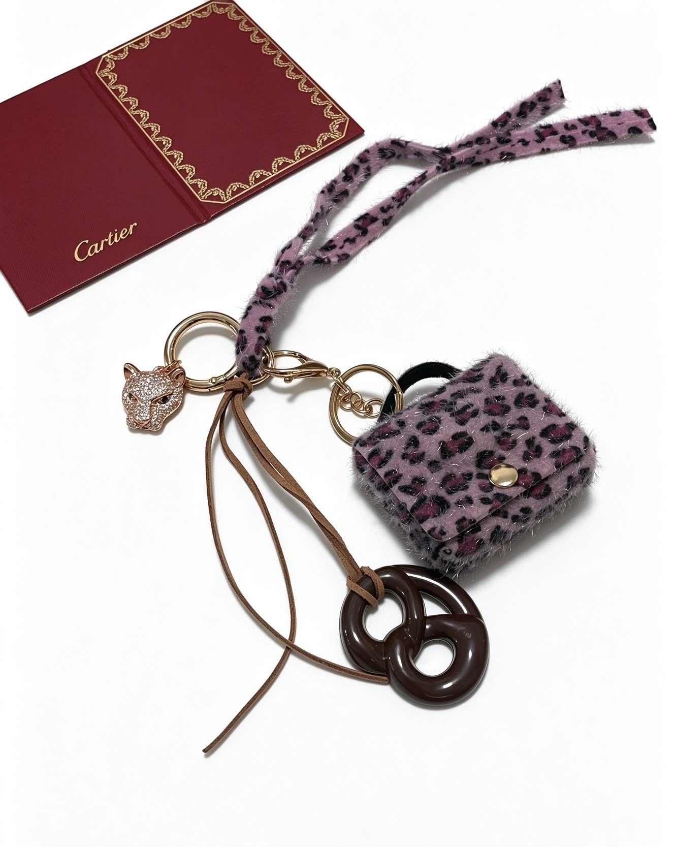 Cartier Leopard Print Keychain with Gold Panther Charm