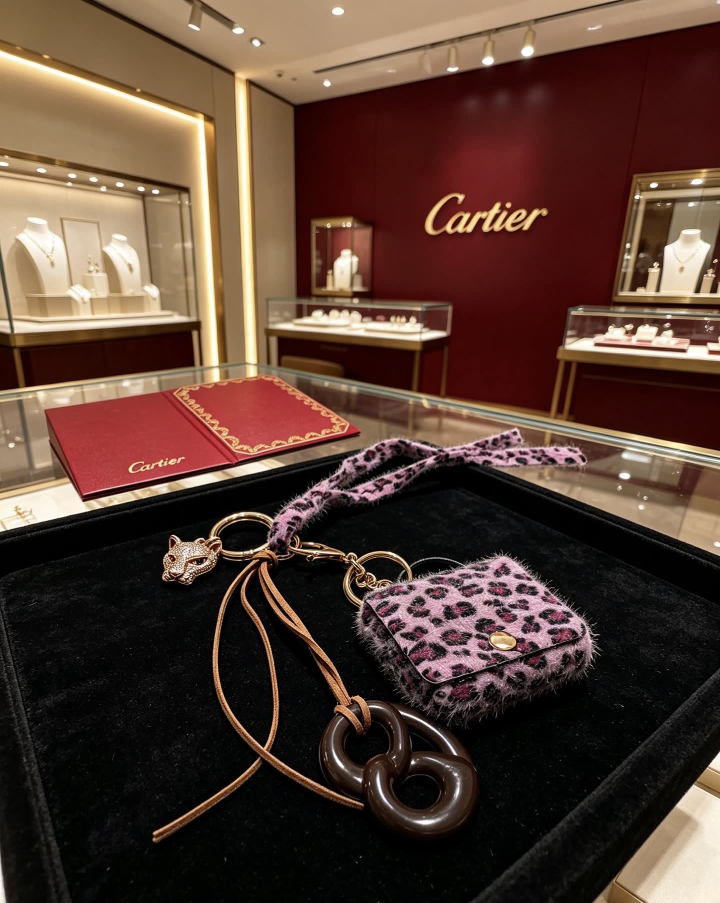 Cartier Leopard Print Keychain with Gold Panther Charm