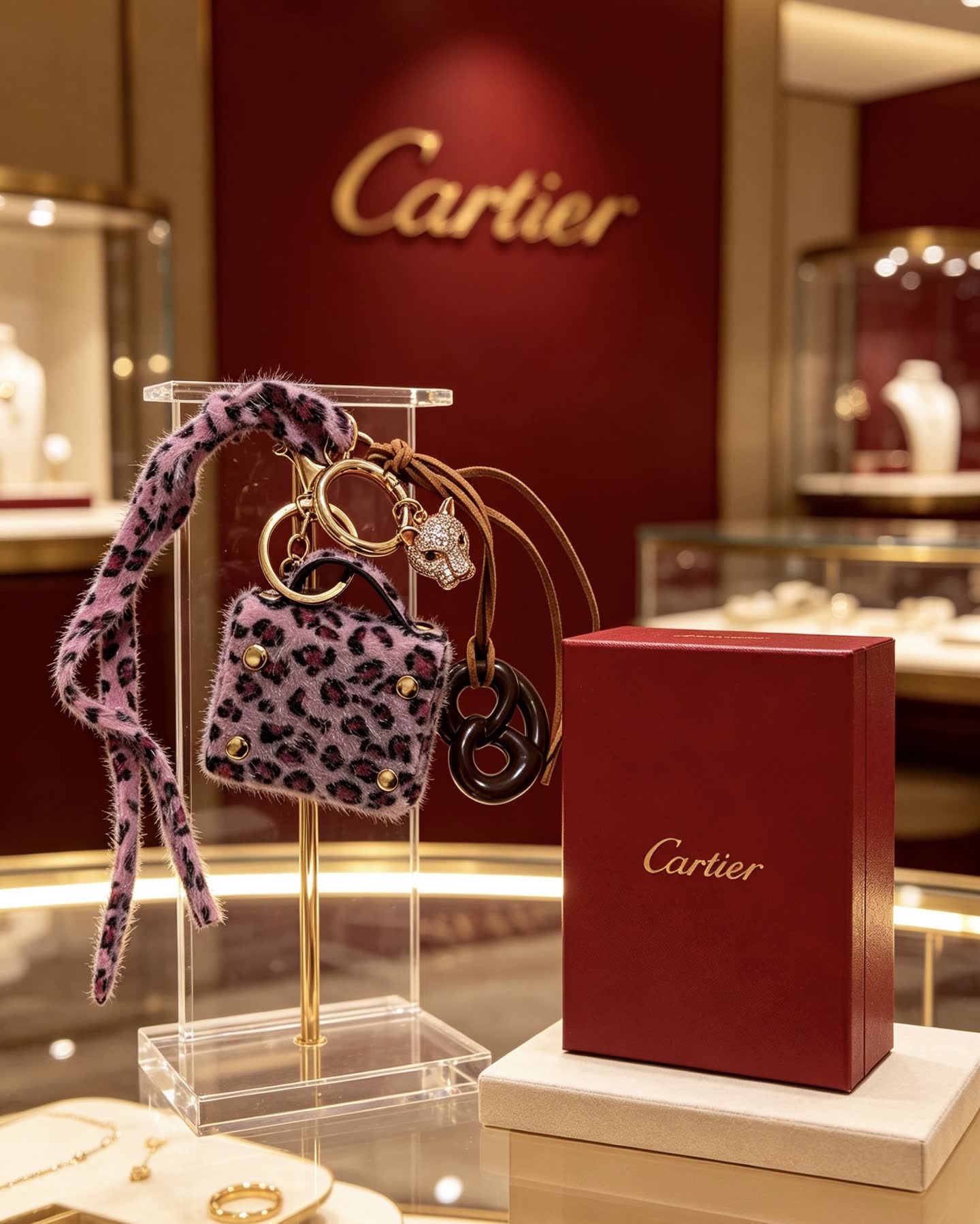 Cartier Leopard Print Keychain with Gold Panther Charm