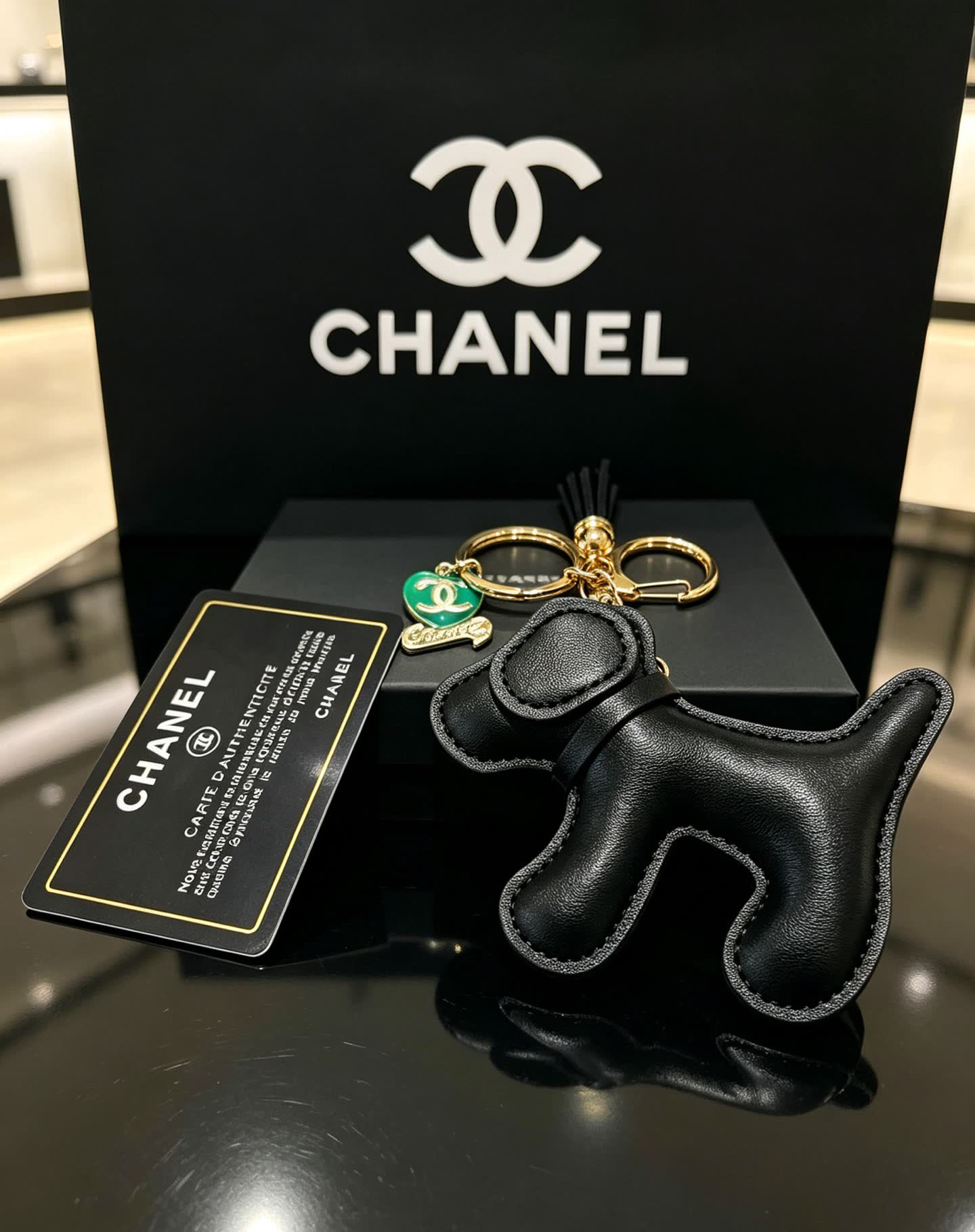 Chanel Black Leather Dog Keychain