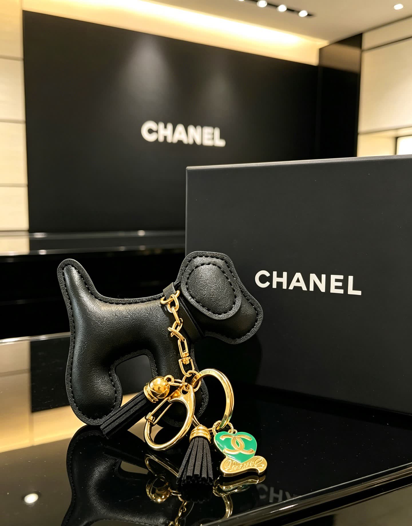 Chanel Black Leather Dog Keychain
