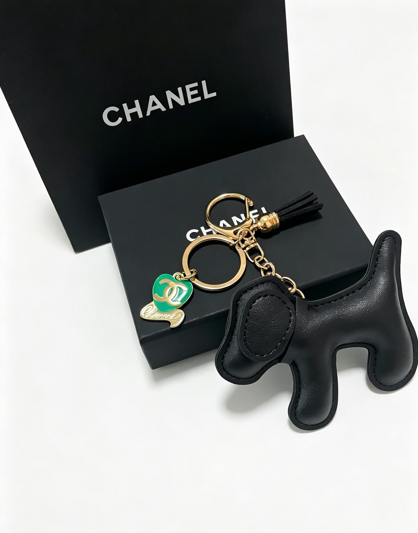 Chanel Black Leather Dog Keychain