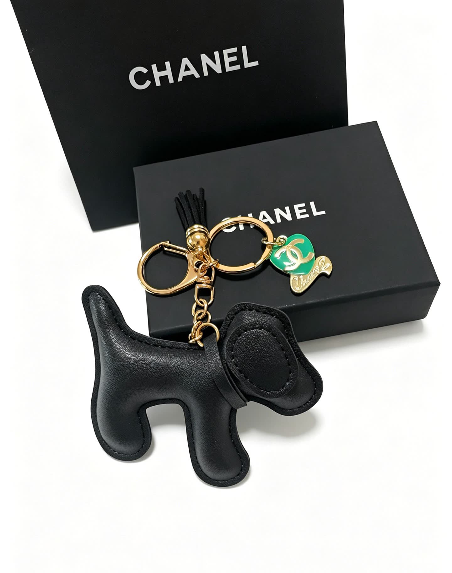 Chanel Black Leather Dog Keychain