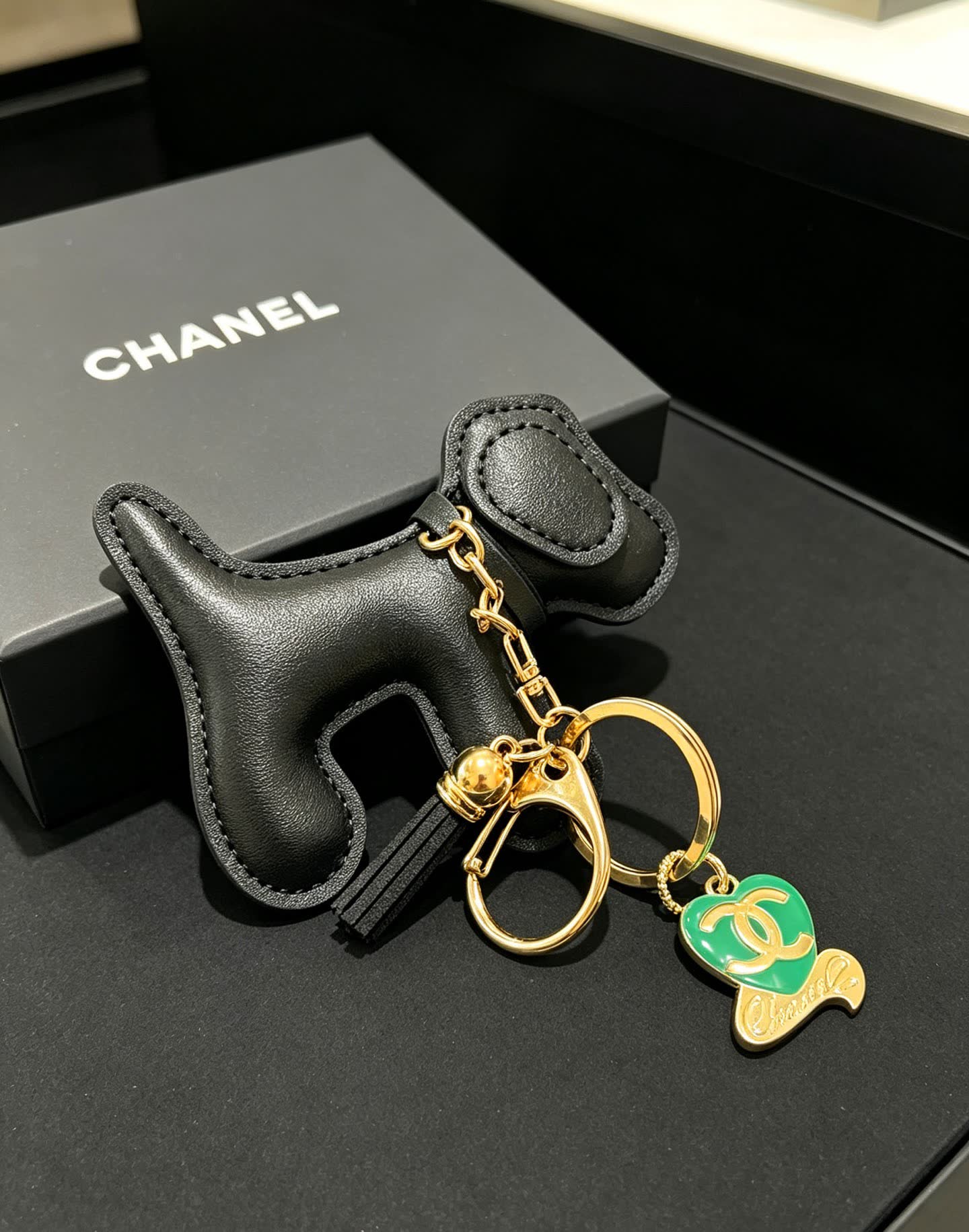 Chanel Black Leather Dog Keychain