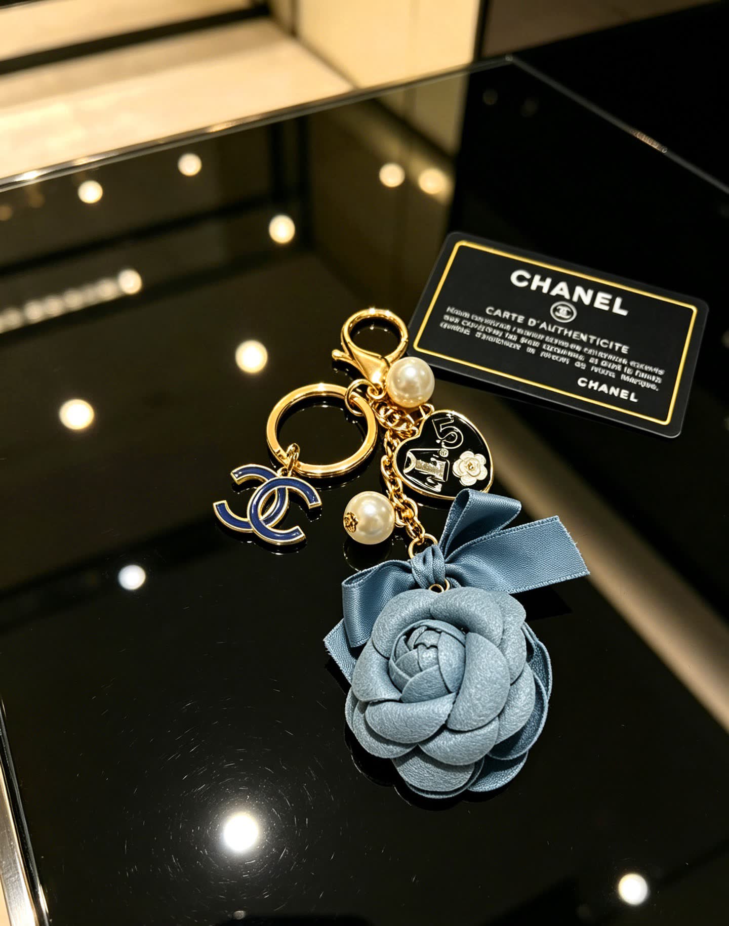Chanel Blue Leather Rose Keychain Chanel Blue Leather Rose Keychain