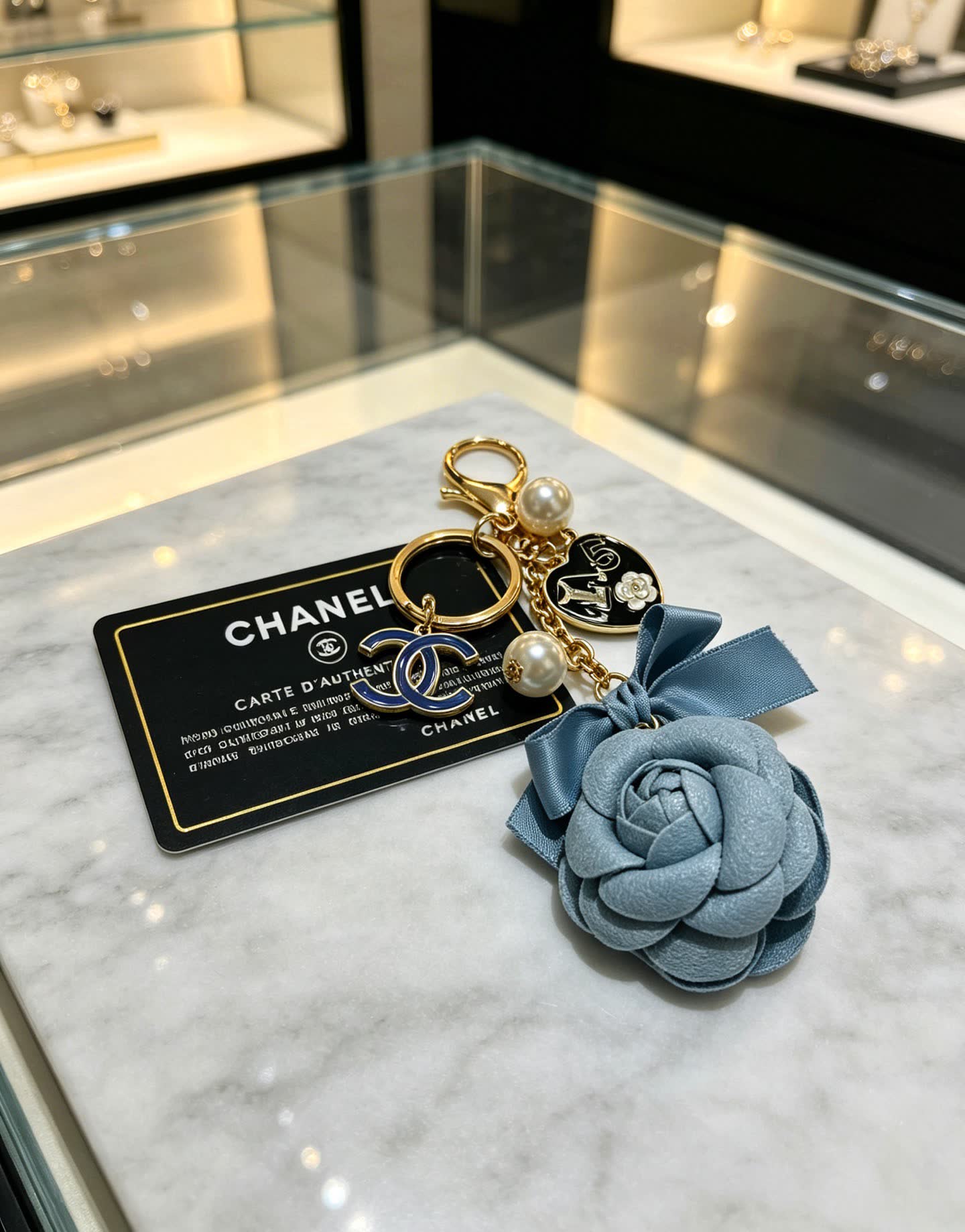 Chanel Blue Leather Rose Keychain
