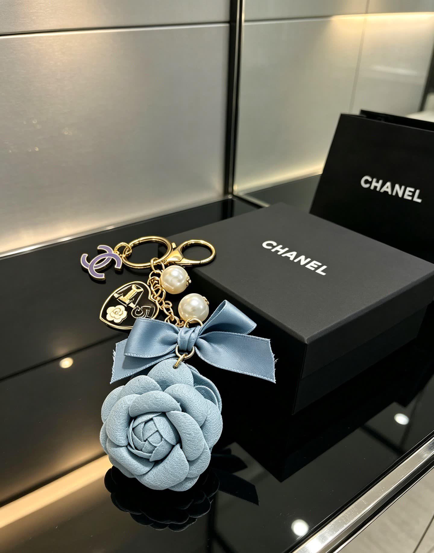 Chanel Blue Leather Rose Keychain