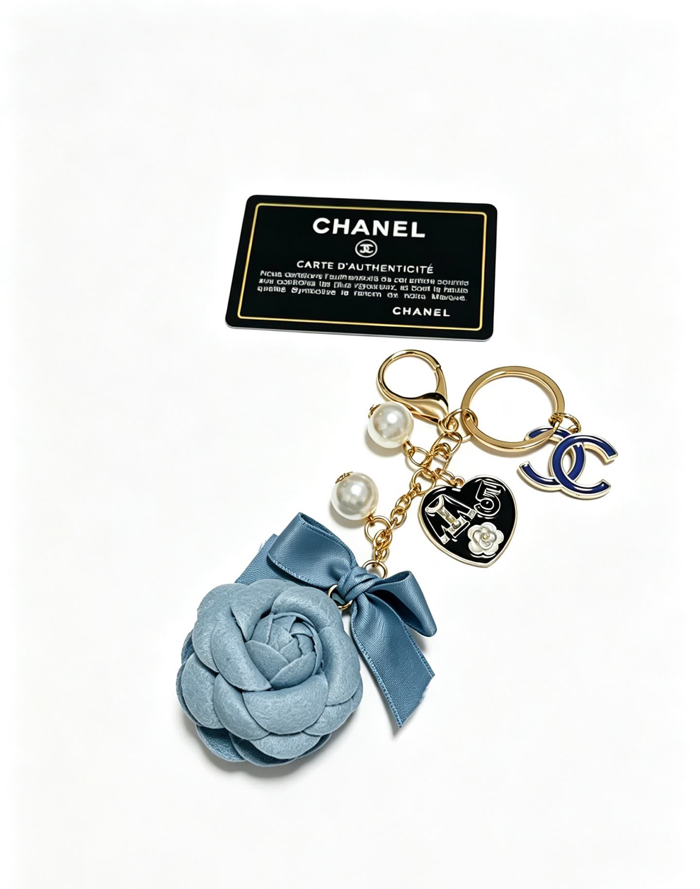 Chanel Blue Leather Rose Keychain