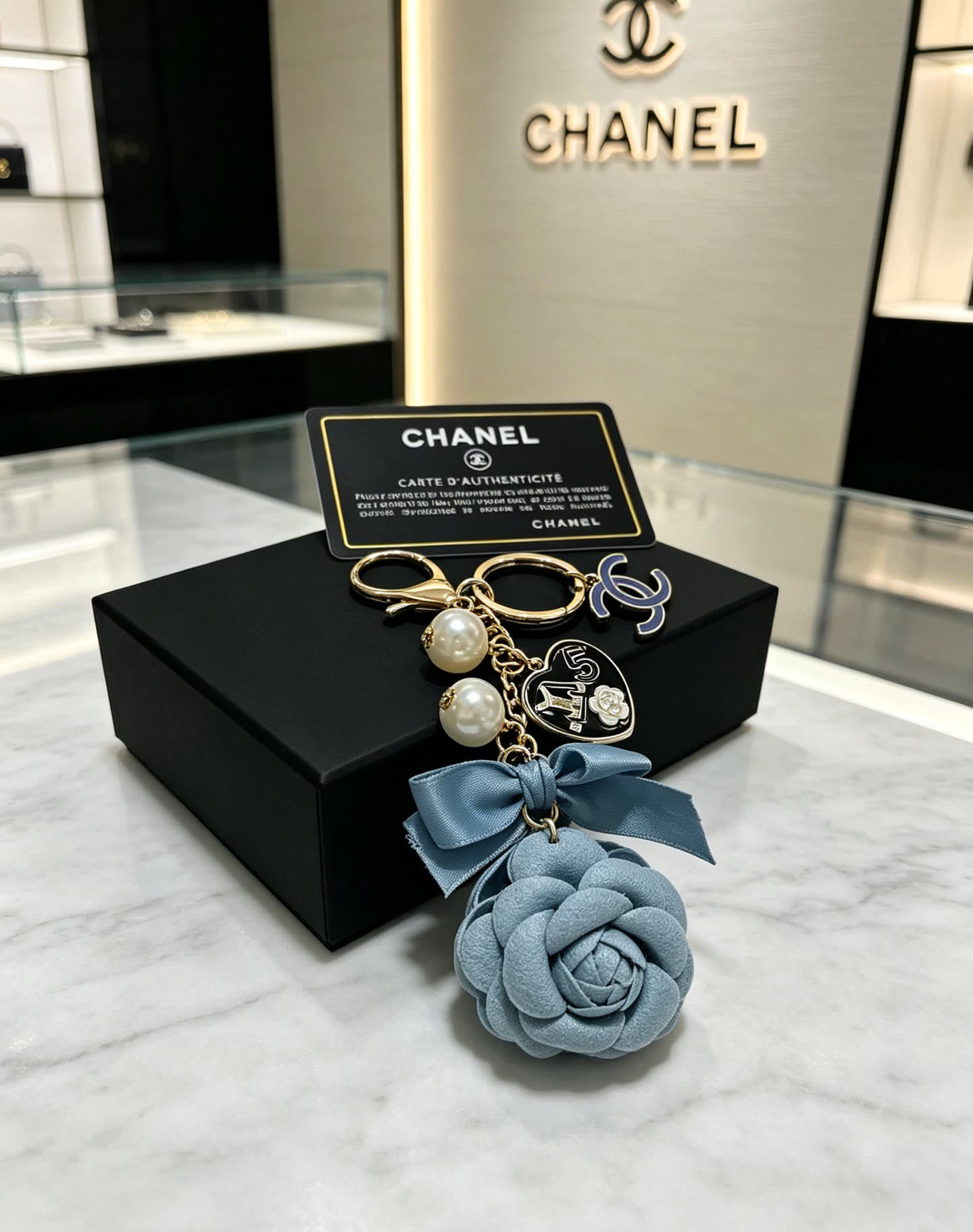 Chanel Blue Leather Rose Keychain