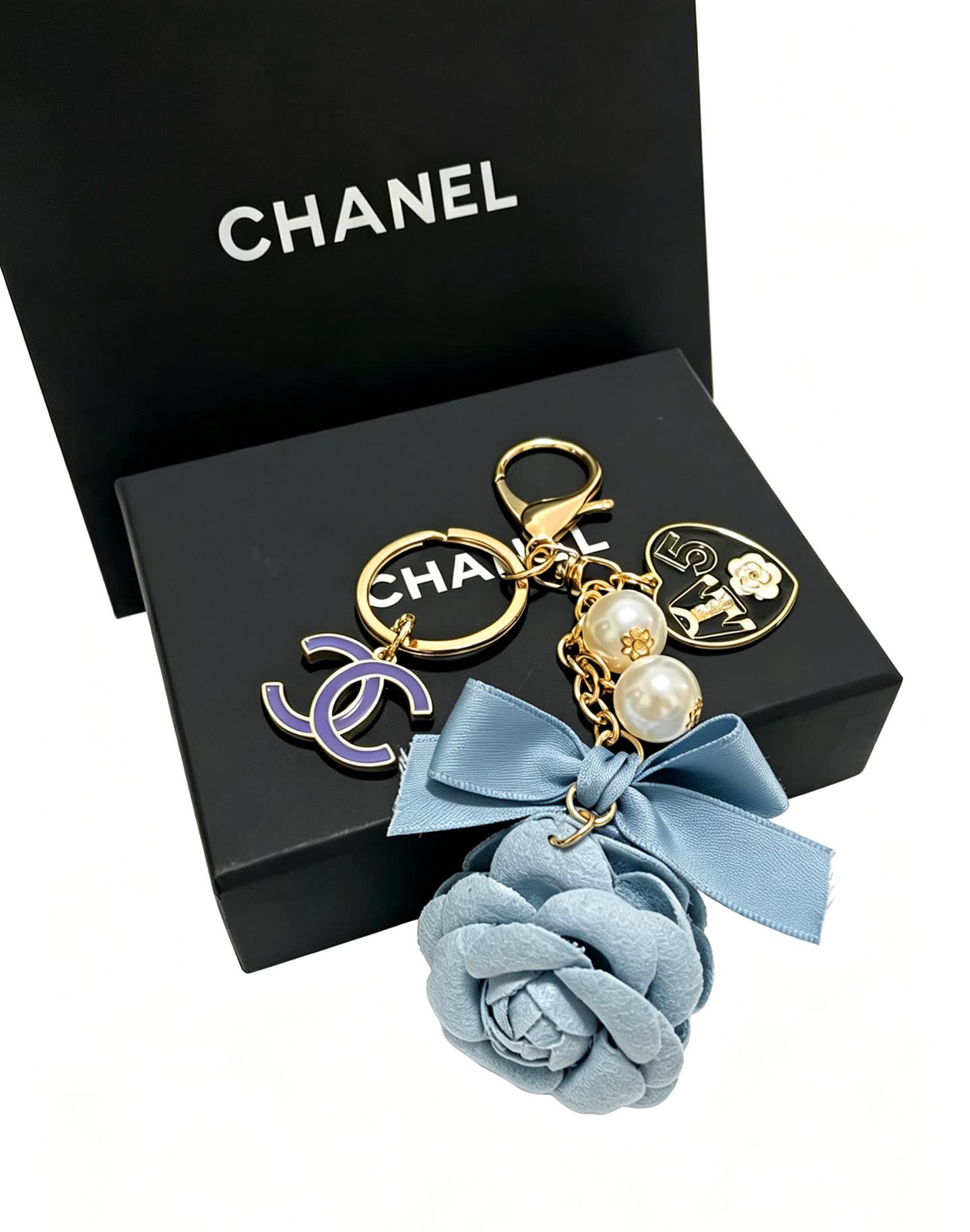 Chanel Blue Leather Rose Keychain